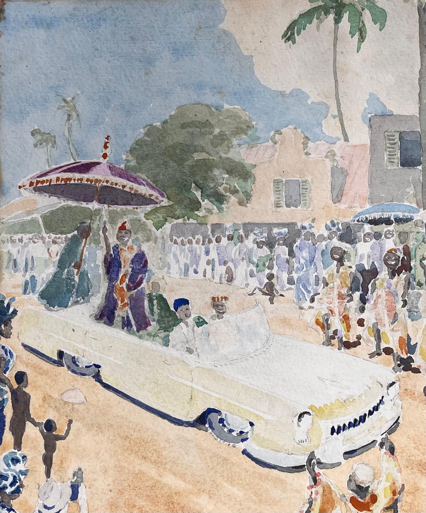 Finely Detailed British Watercolor of an Eid El Fitri Celebration in Lagos - Impressionist Painting by Ian G. Walker