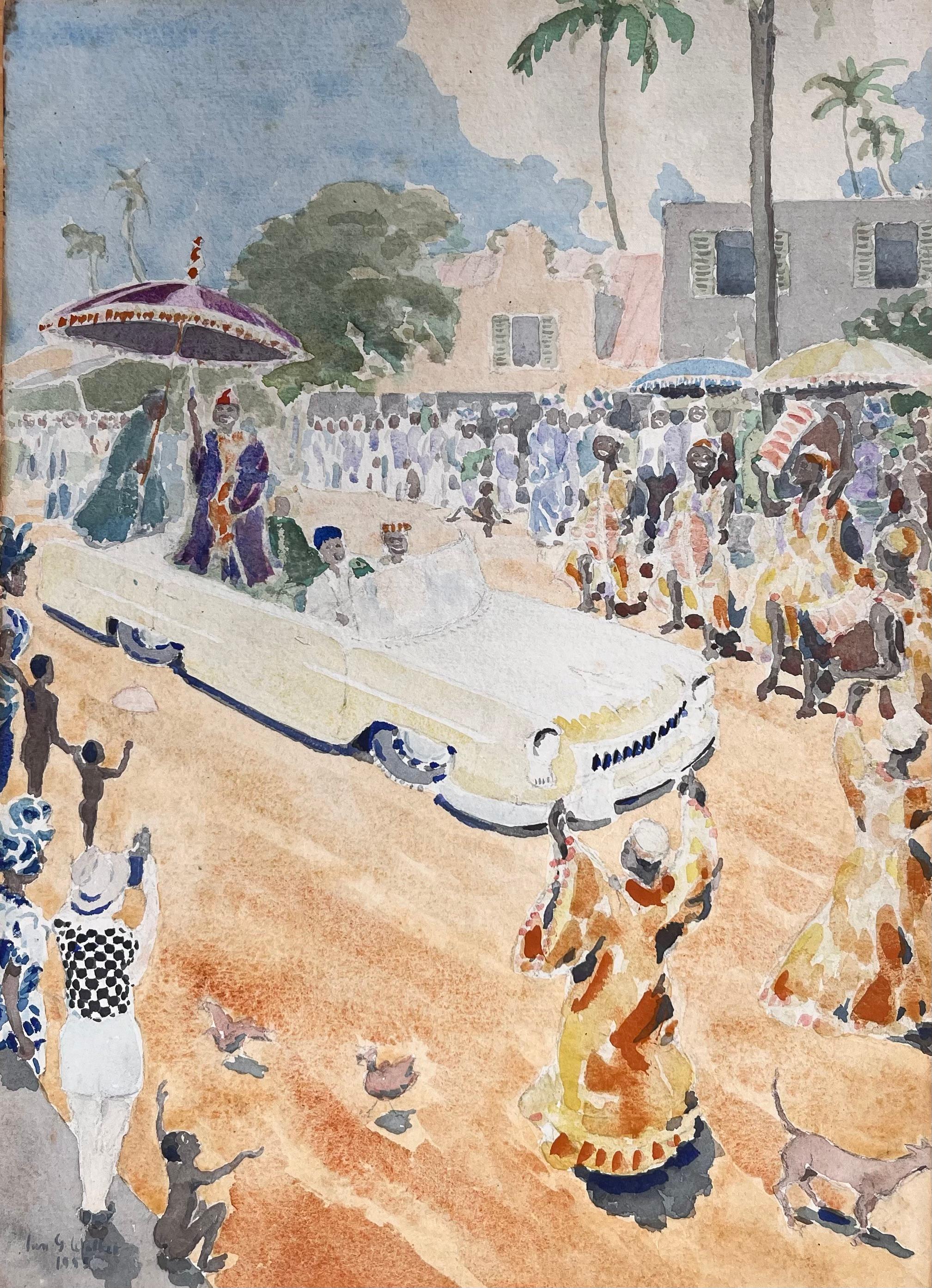 Ian G. Walker Landscape Painting - Finely Detailed British Watercolor of an Eid El Fitri Celebration in Lagos