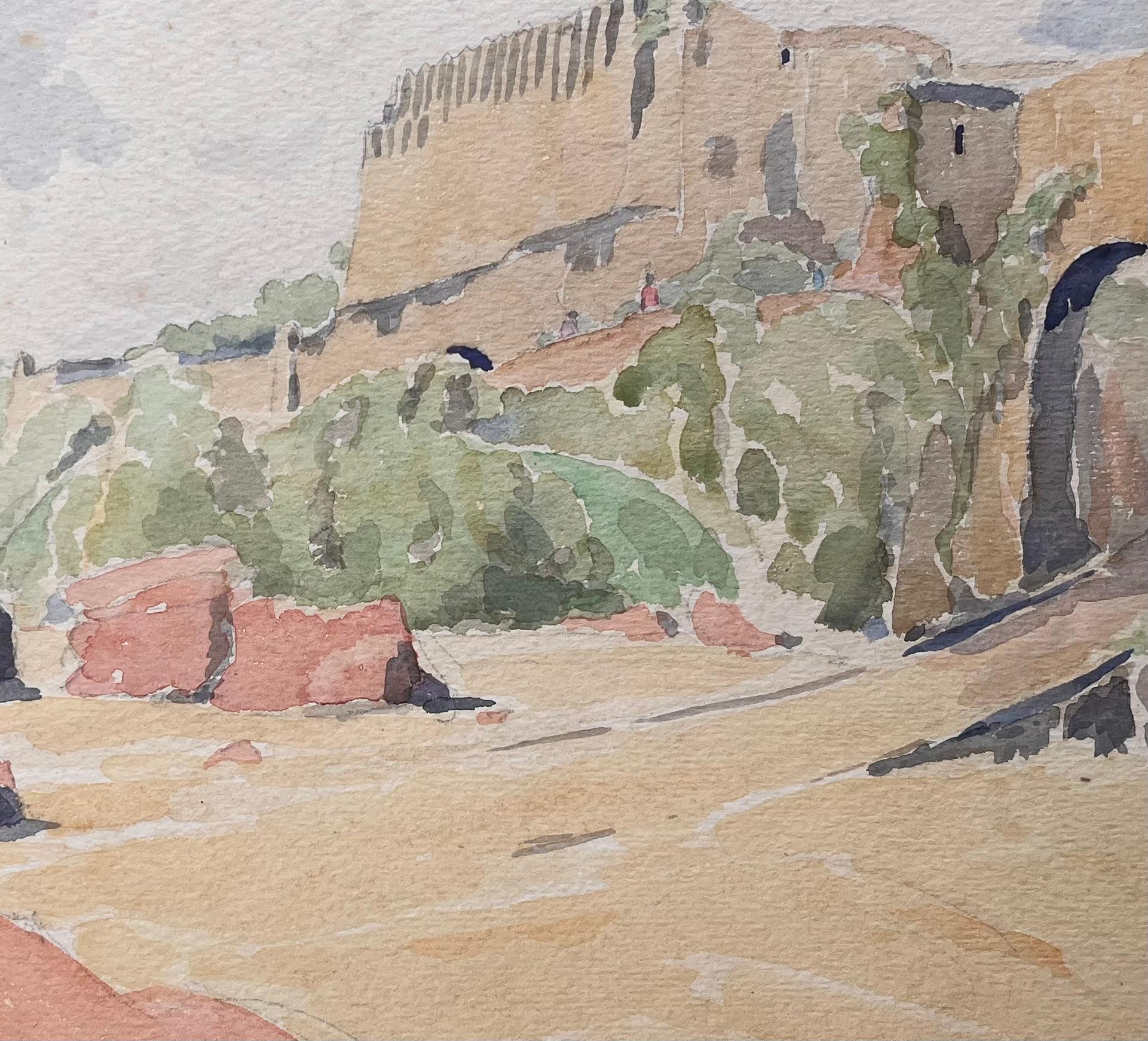 Acuarela británica finamente detallada del Fuerte Jesús en Mombasa, en África Oriental - Landscape Art Beige de Ian G. Walker