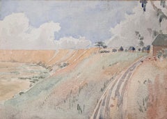 Aquarelle de paysage topographique britannique finement détaillée avec grue