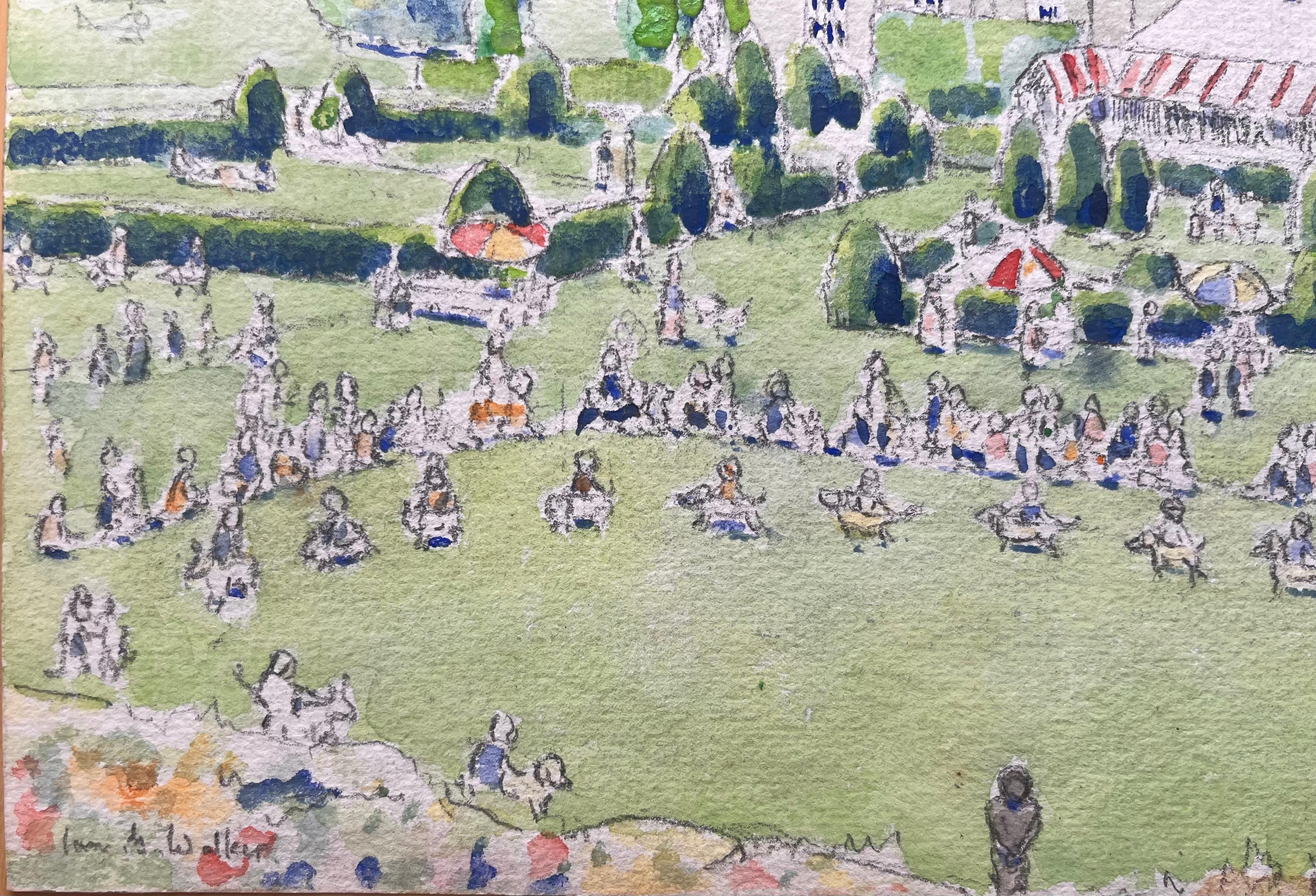 Acquerello britannico topografico finemente dettagliato di un'esposizione canina a Glynde Place - Landscape Painting Grigio di Ian G. Walker