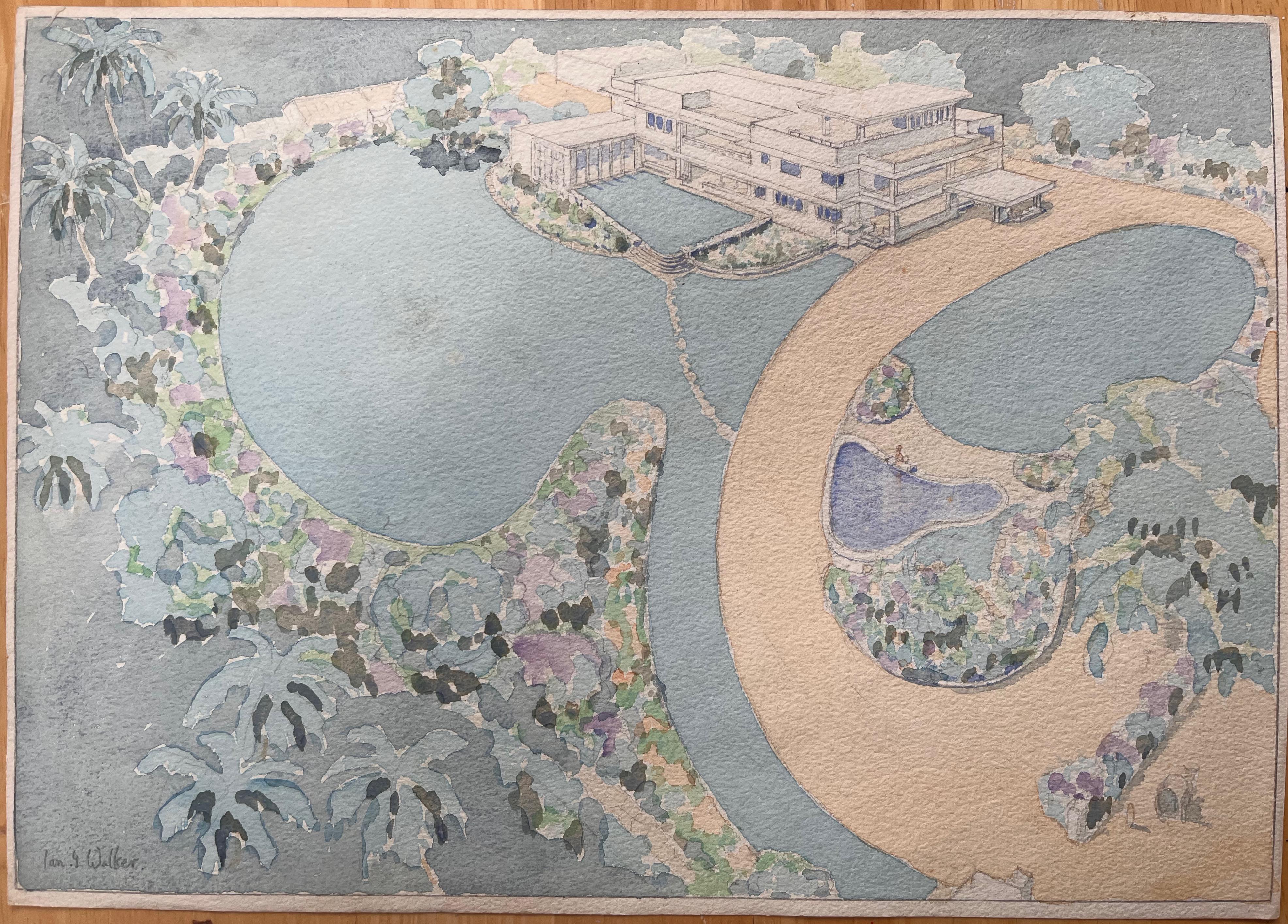 Fein detaillierte britische Aquarell-Topographie eines Gartens in Madras in Indien, Topographical – Art von Ian G. Walker