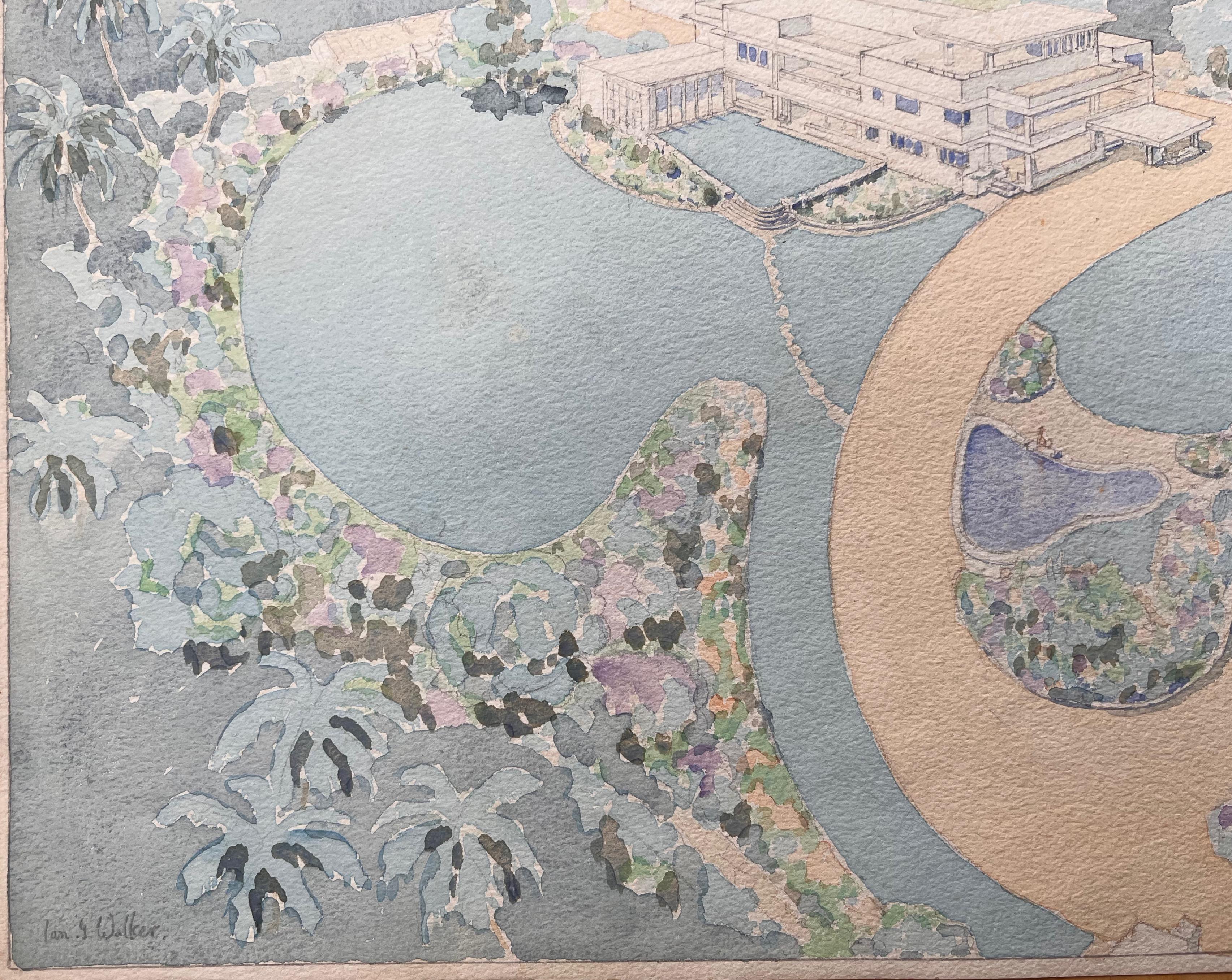 Medium: Aquarell auf Papier, ungerahmt
Größe: 10 Zoll (Höhe) x 14 Zoll (Breite)
Unterschrieben: Ja
Zustand: Solider Zustand
Provenienz: Privatsammlung

Beschreibung:
Dieses elegante Aquarell von Ian G. Walker stellt einen Garten in Madras (heute