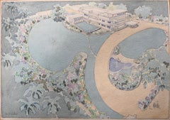 Topografía en acuarela británica finamente detallada de un jardín en Madrás (India)
