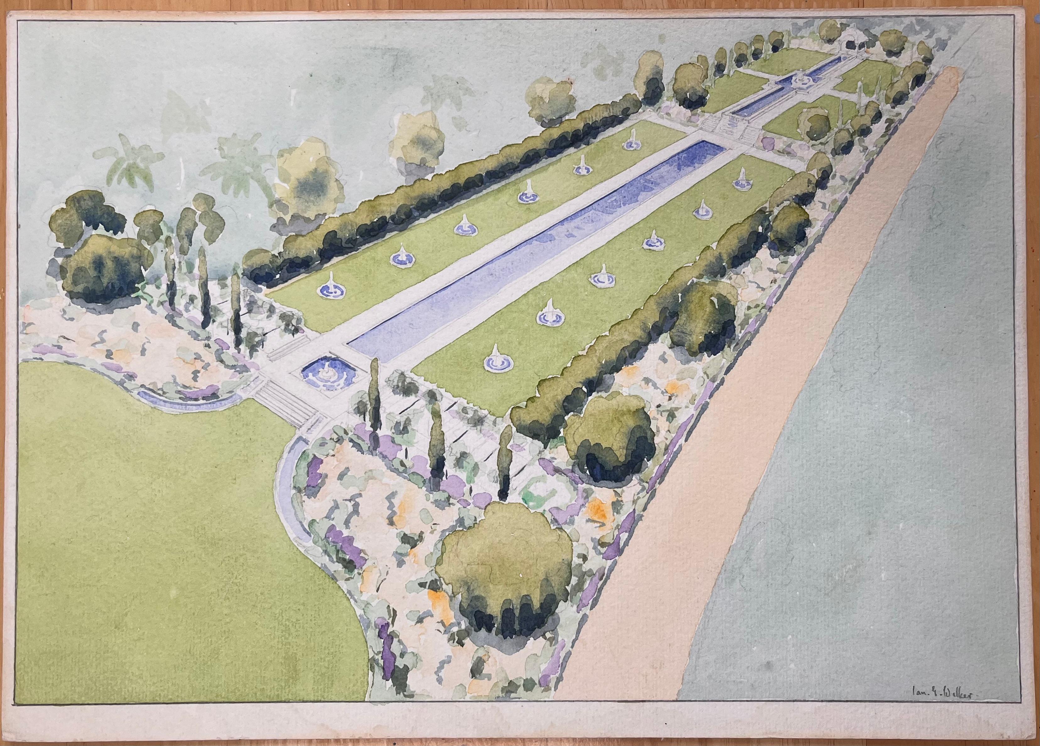 Finely Detailed British Watercolor Topographical of a Mogul Garden in Pakistan - Art by Ian G. Walker
