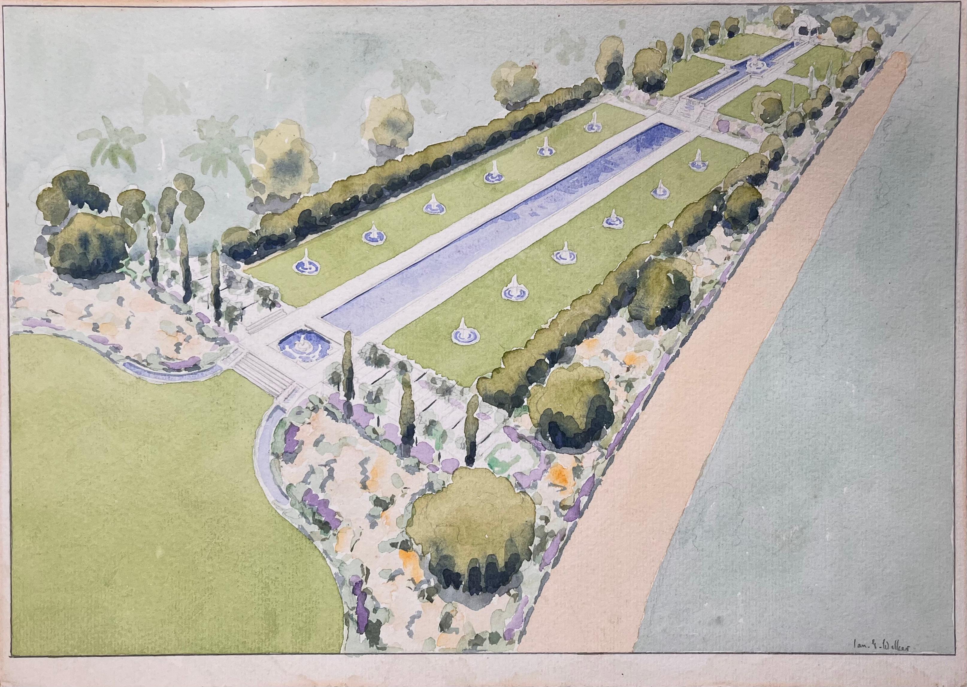Ian G. Walker Landscape Art - Finely Detailed British Watercolor Topographical of a Mogul Garden in Pakistan
