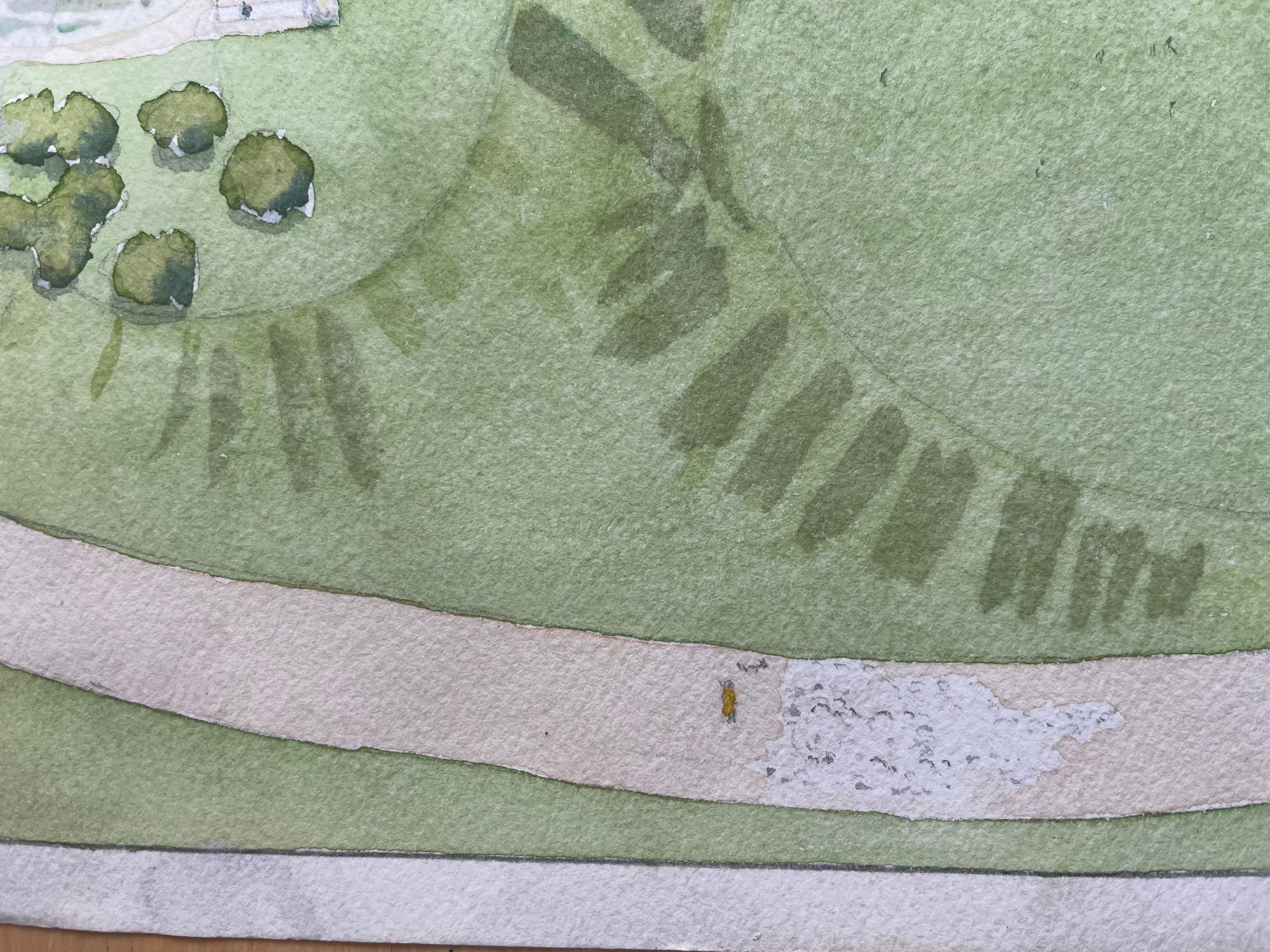 Medium: Aquarell auf Papier, ungerahmt
Größe: 10 Zoll (Höhe) x 14 Zoll (Breite)
Unterschrieben: Ja
Zustand: Sehr guter und gesunder Zustand
Provenienz: Privatsammlung

Beschreibung:
Dieses aufwendige Aquarell von Ian G. Walker zeigt eine Schaffarm