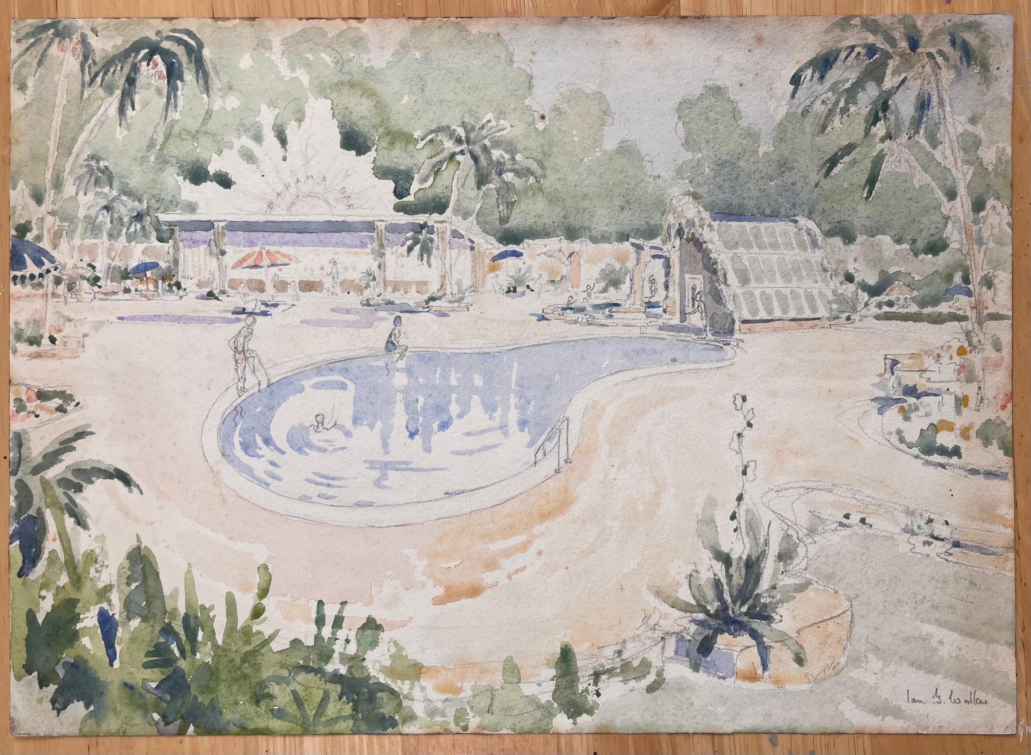 Acquerello inglese topografico finemente dettagliato di una scena tropicale a bordo piscina - Painting di Ian G. Walker