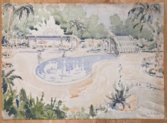Acuarela británica topográfica finamente detallada de una escena tropical junto a la piscina