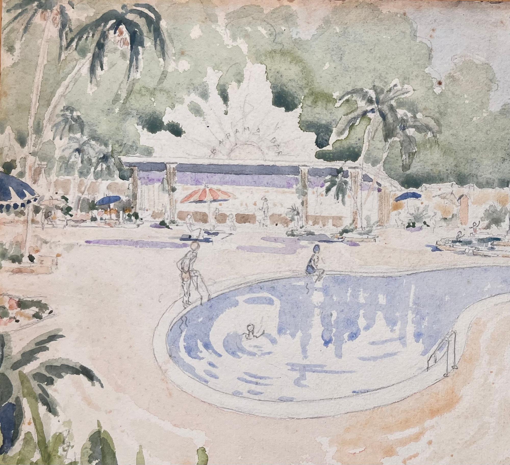 Acquerello inglese topografico finemente dettagliato di una scena tropicale a bordo piscina - Painting Impressionismo di Ian G. Walker