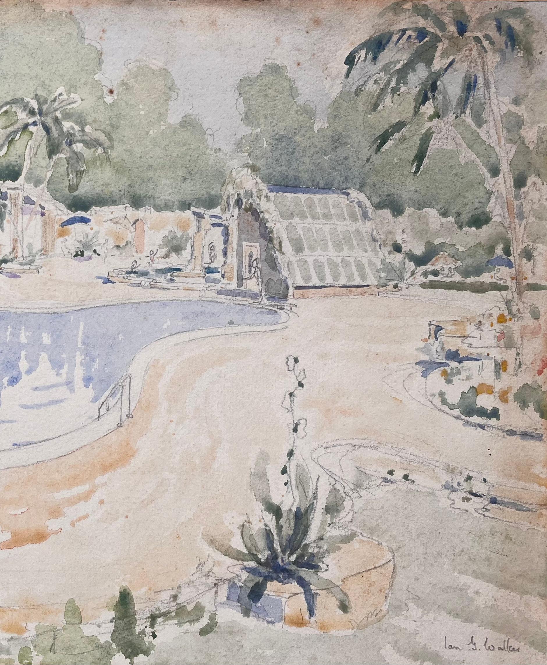 Acquerello inglese topografico finemente dettagliato di una scena tropicale a bordo piscina - Landscape Painting Grigio di Ian G. Walker