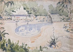 Fein detaillierte britische Aquarell-Topographie einer tropischen Poolside-Szene, Topographie