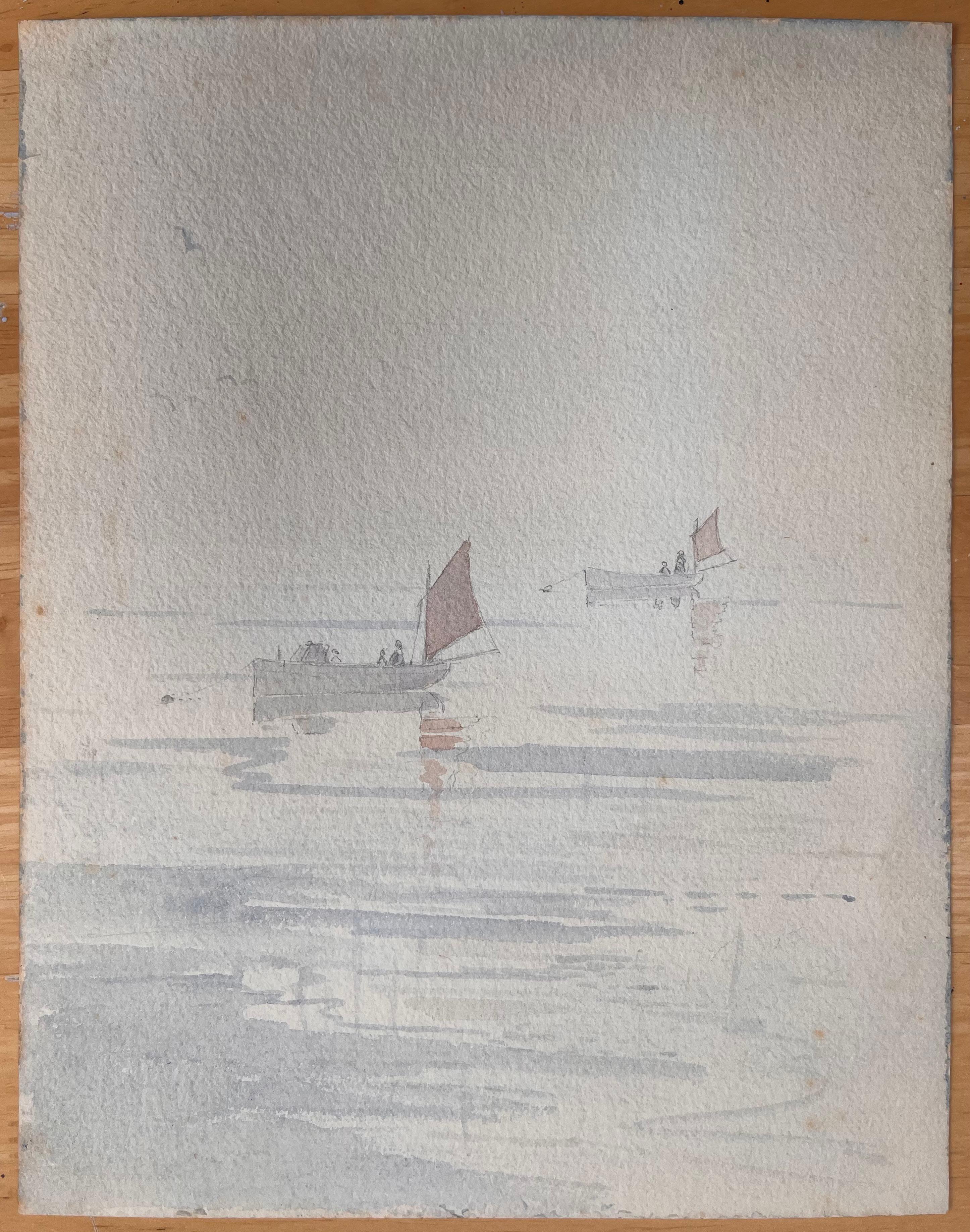 Fein detaillierte britische Aquarell-Topographie von Booten auf einem Kalksee, Topographical – Painting von Ian G. Walker
