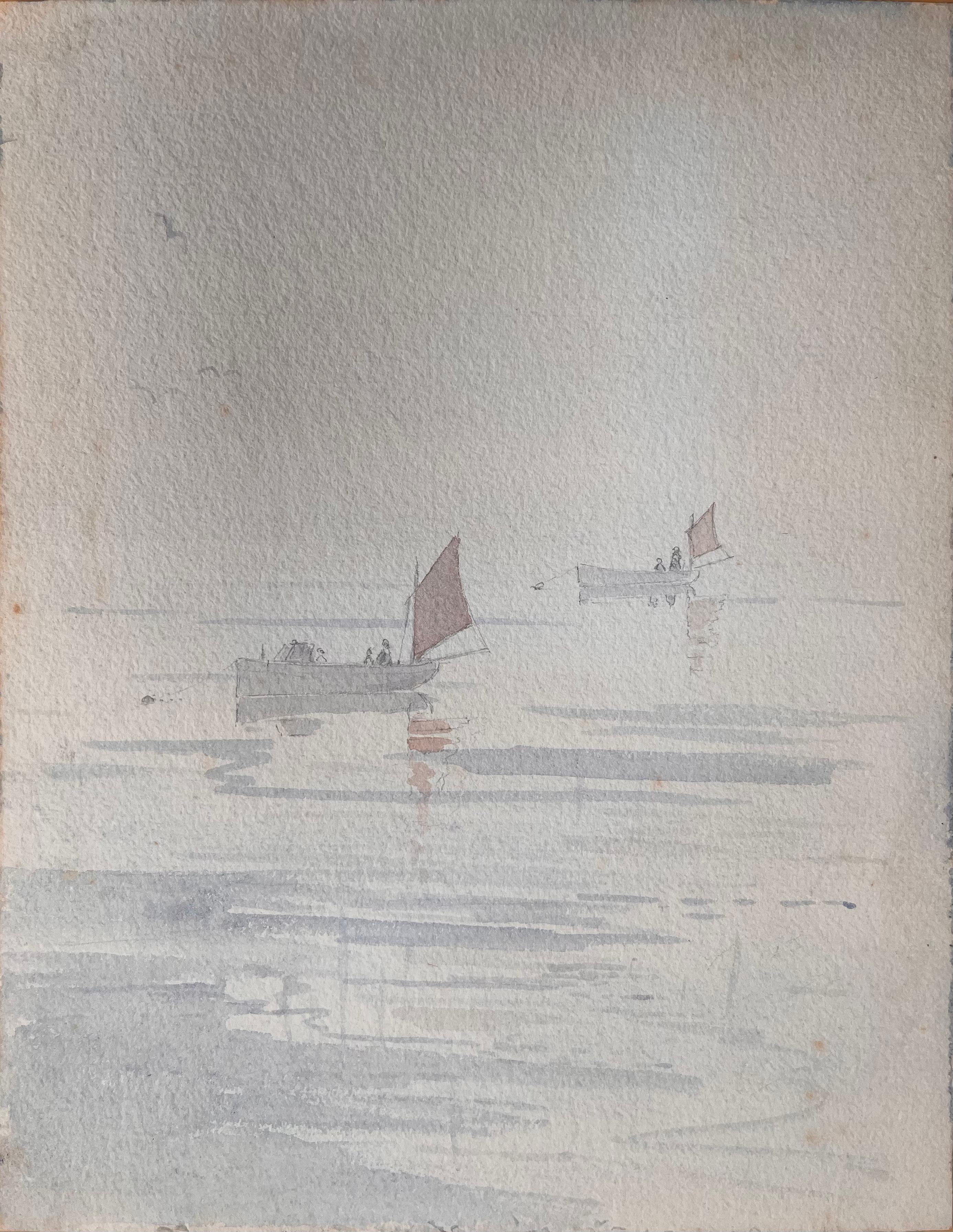 Ian G. Walker Landscape Painting – Fein detaillierte britische Aquarell-Topographie von Booten auf einem Kalksee, Topographical