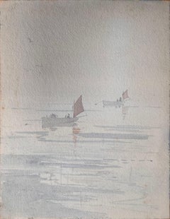 Finely Detailed British Watercolor Topographical of Boats on a Calm Sea
