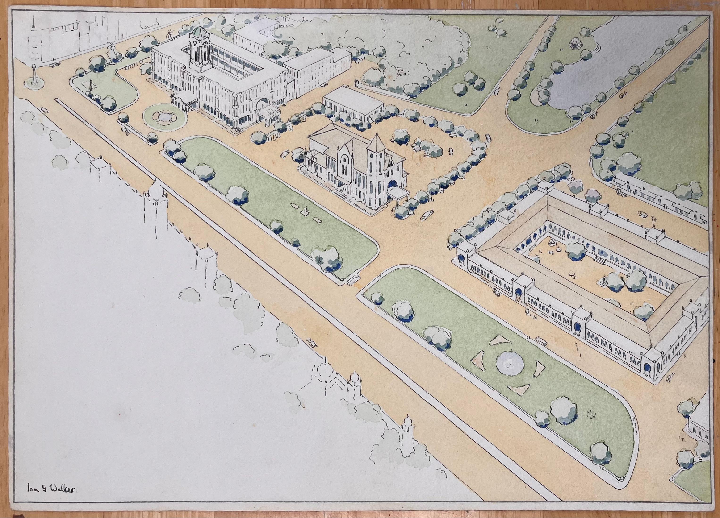 Fein detaillierte britische Aquarell-Topographie des bürgerlichen Zentrums Madras – Painting von Ian G. Walker