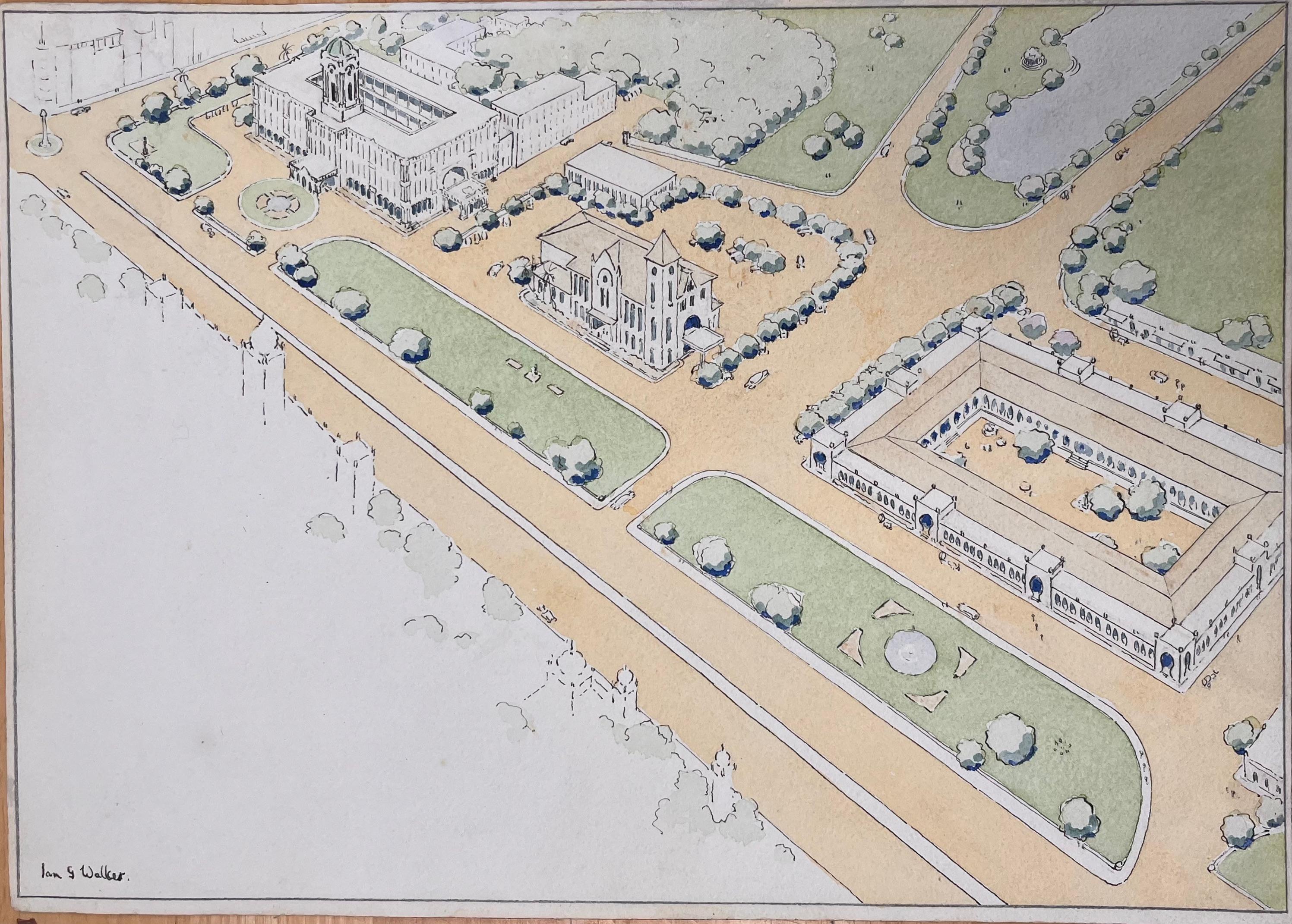 Fein detaillierte britische Aquarell-Topographie des bürgerlichen Zentrums Madras