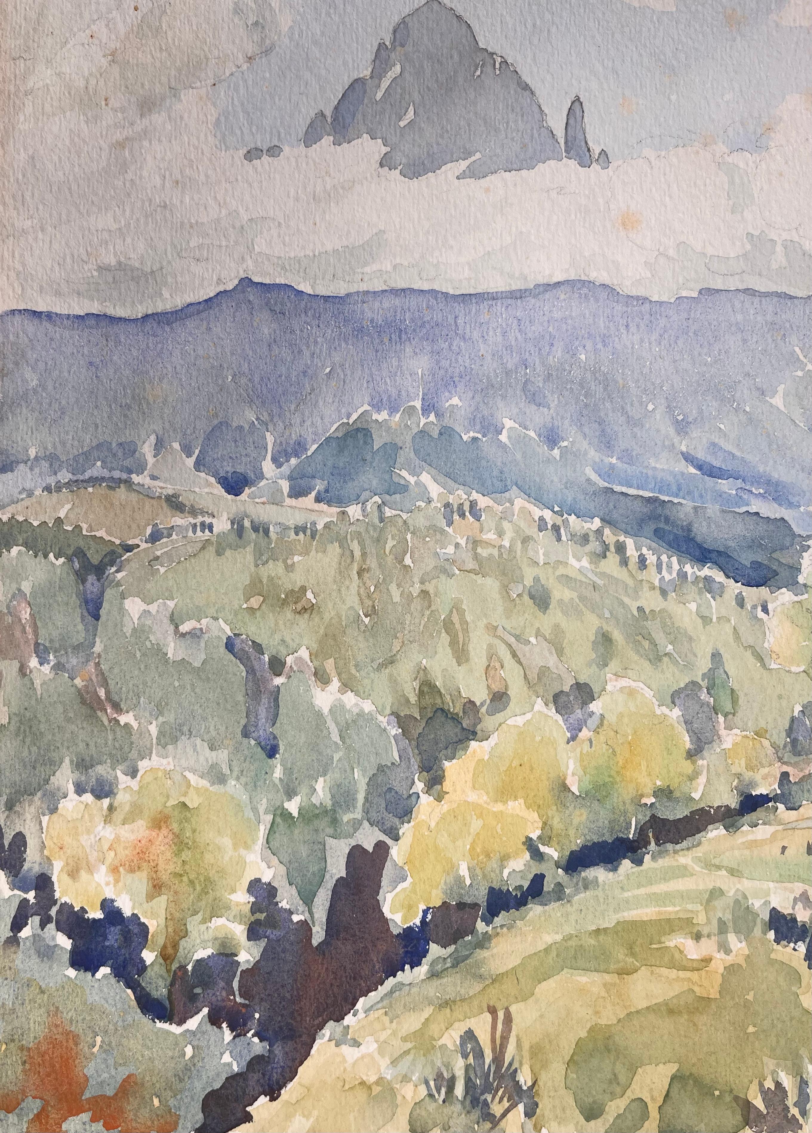 Medium: Aquarell auf Papier, ungerahmt
Größe: 10 Zoll (Höhe) x 14 Zoll (Breite)
Unterschrieben: Ja
Zustand: Solider Zustand, mit leichten Stockflecken
Provenienz: Privatsammlung

Beschreibung:
Dieses wunderschöne Aquarell von Ian G. Walker zeigt die