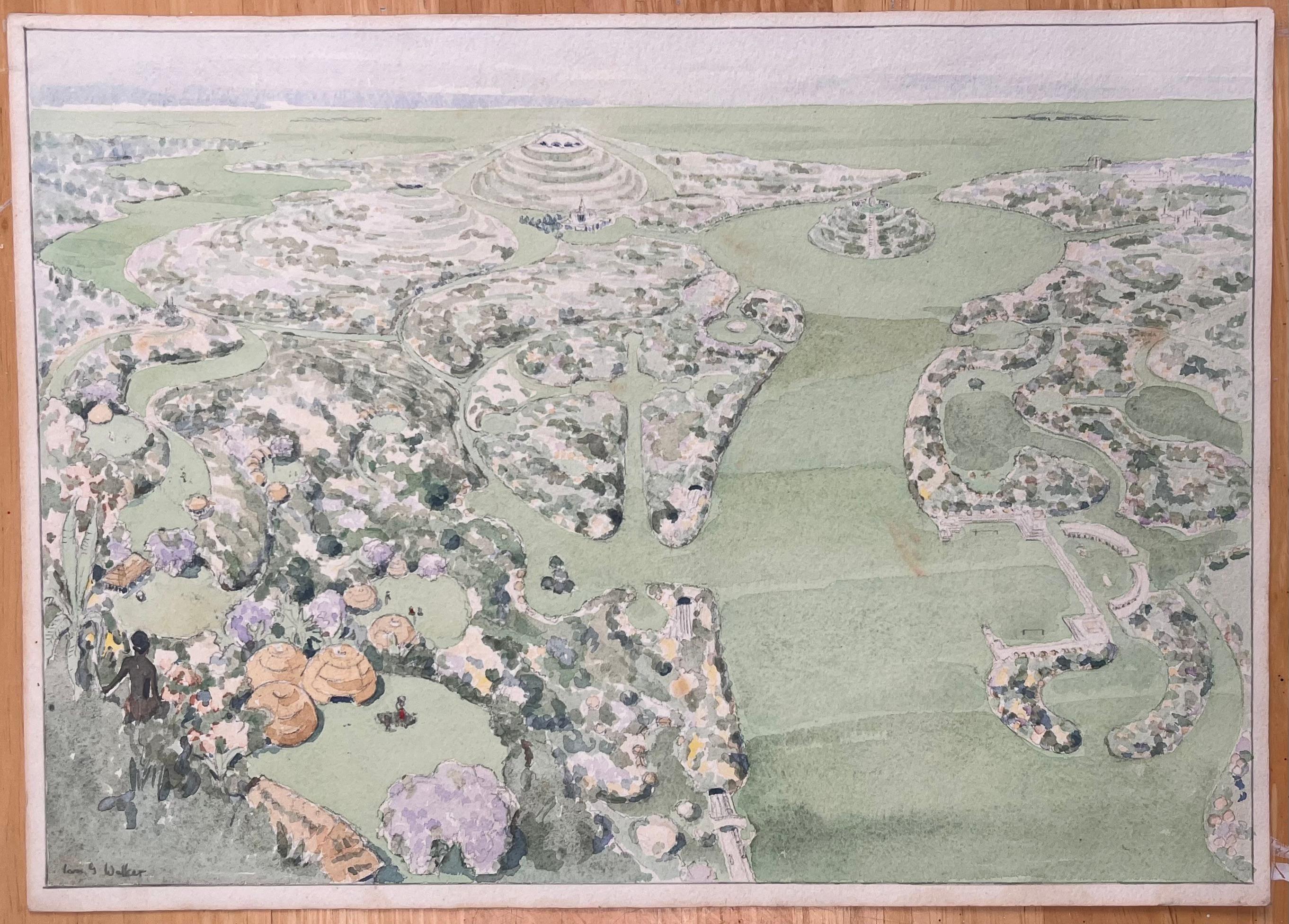 Finely Detailed British Watercolor Topographical of Proposed Zulu Community - Art by Ian G. Walker