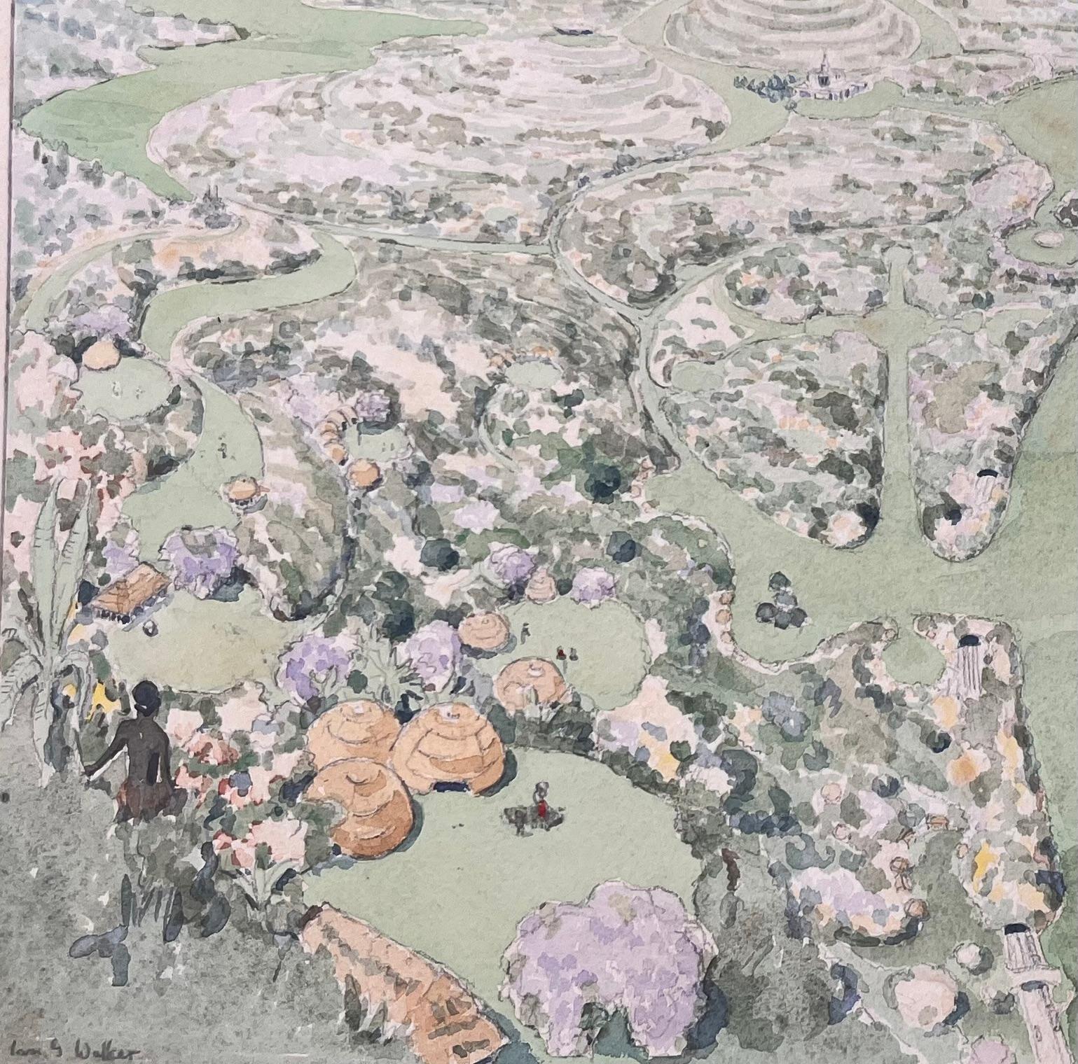 Finely Detailed British Watercolor Topographical of Proposed Zulu Community - Impressionist Art by Ian G. Walker