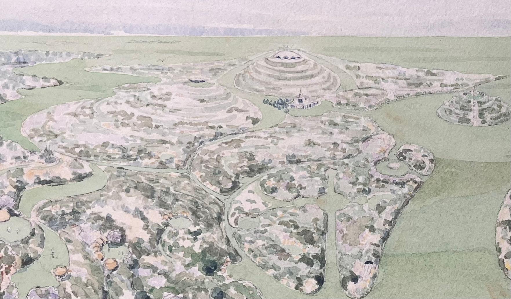 Finely Detailed British Watercolor Topographical of Proposed Zulu Community - Gray Landscape Art by Ian G. Walker