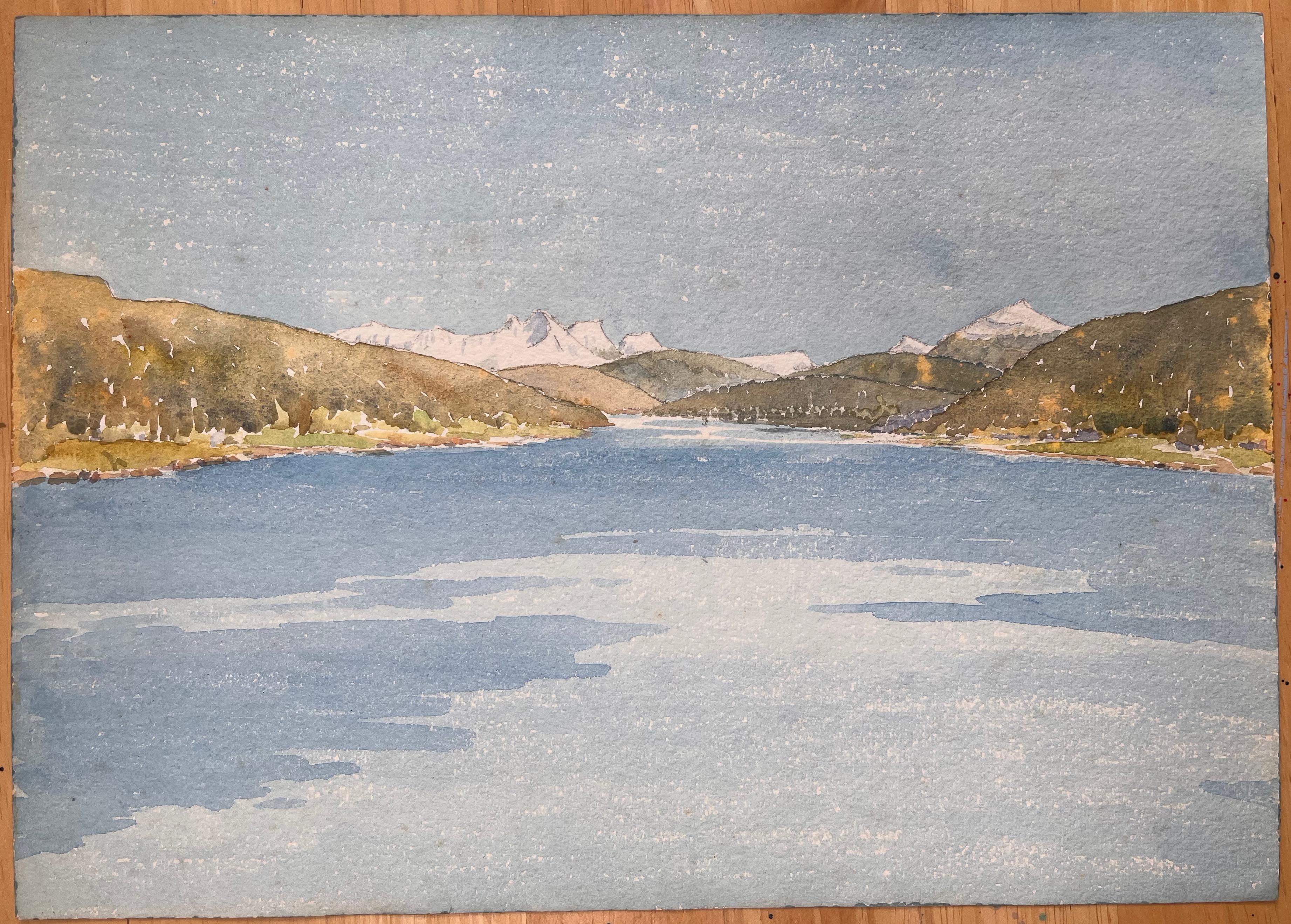Acquerello topografico inglese finemente dettagliato del ghiacciaio Svartisen in Norvegia - Art di Ian G. Walker