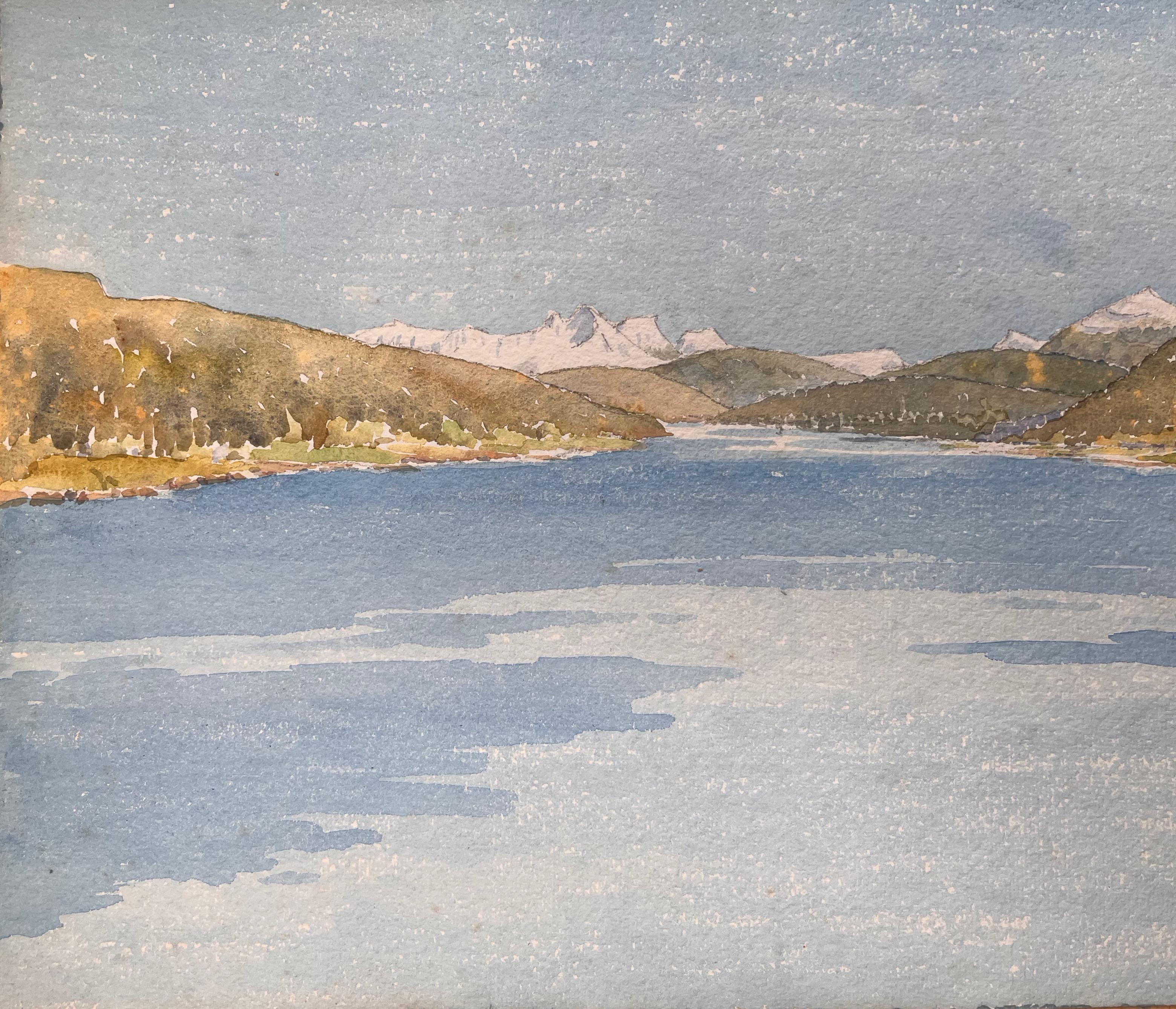 Acquerello topografico inglese finemente dettagliato del ghiacciaio Svartisen in Norvegia - Landscape Art Grigio di Ian G. Walker