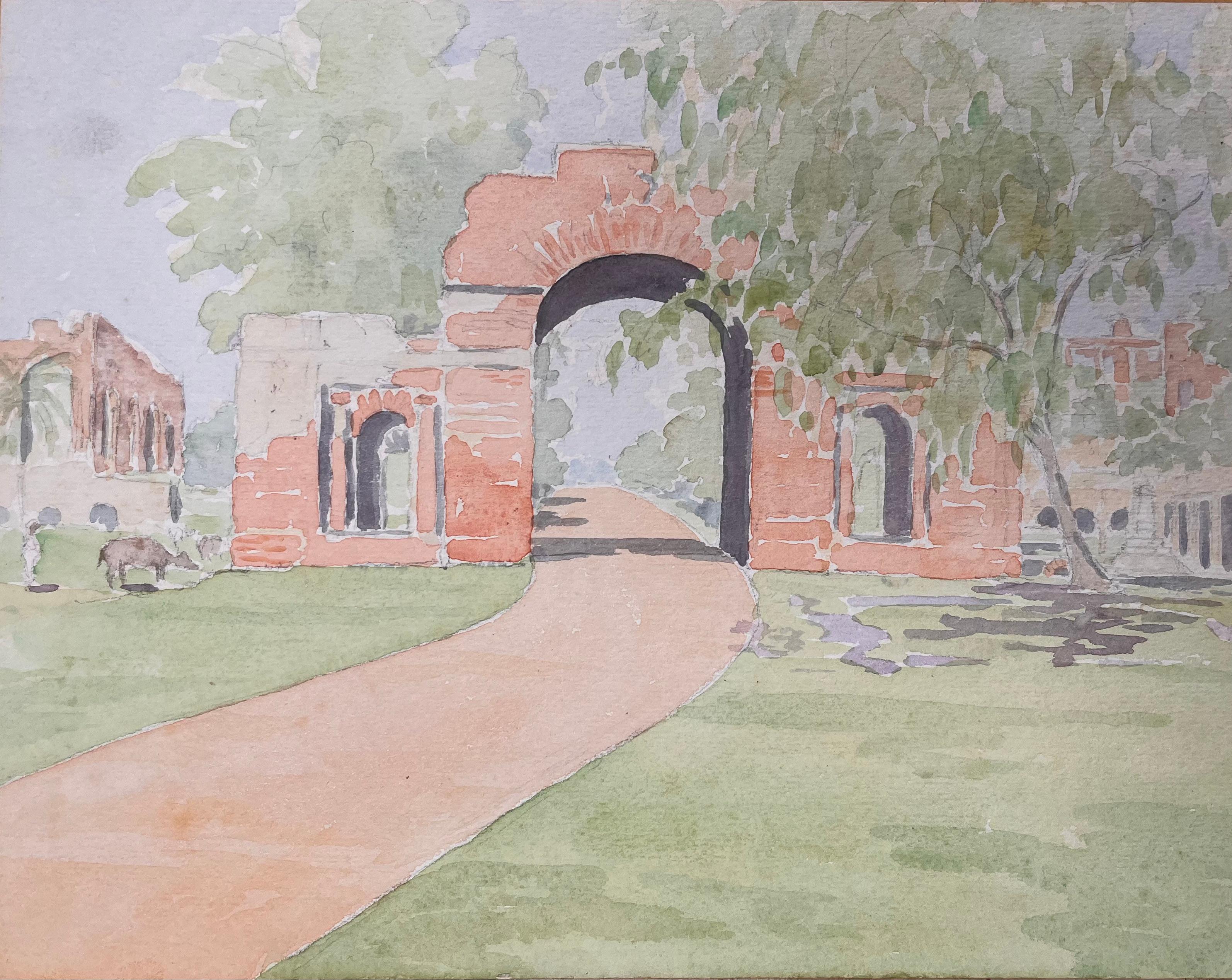 Landscape Art di Ian G. Walker - Acquerello topografico britannico finemente dettagliato del cancello di guardia di Baillie