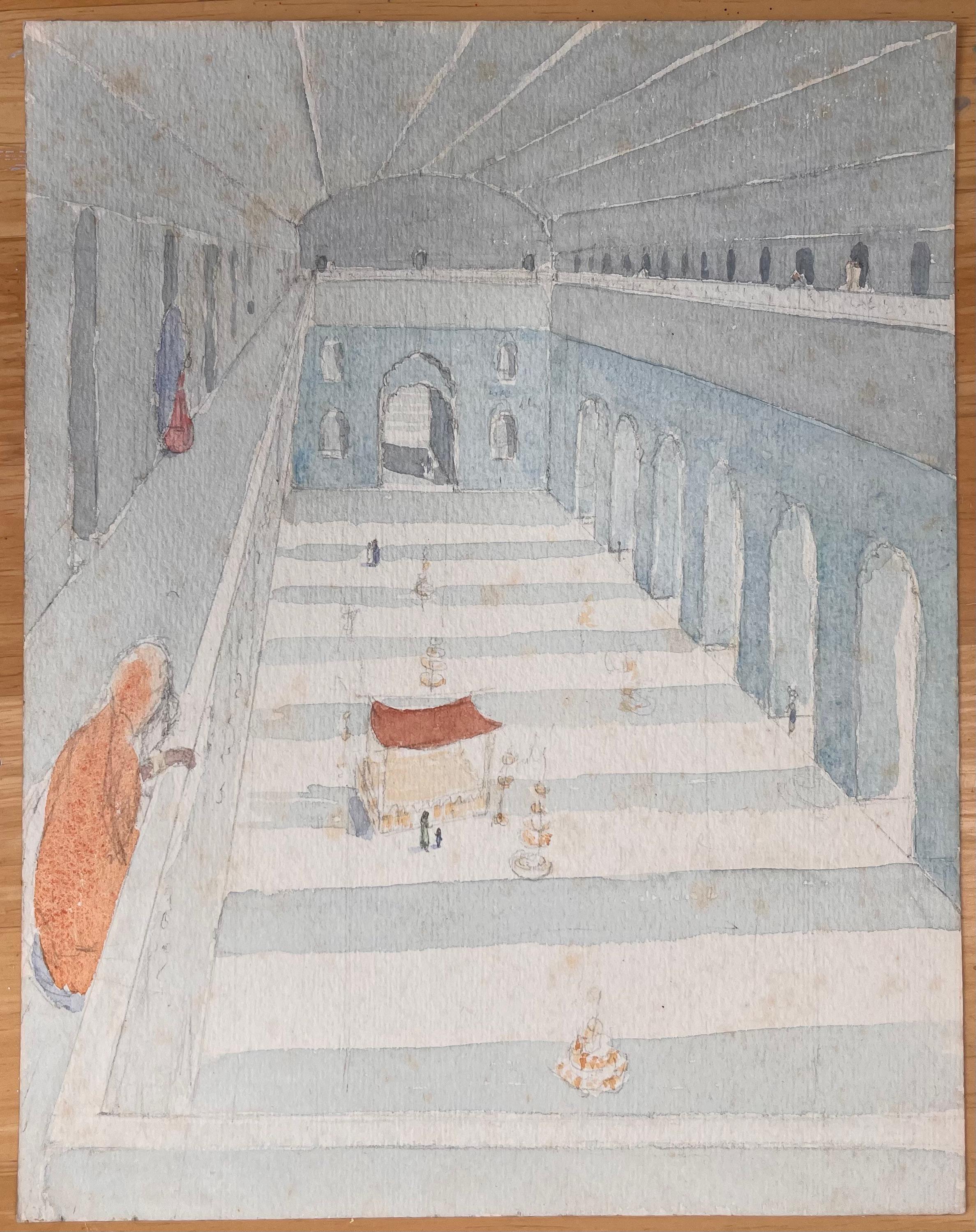Acquerello britannico topografico finemente dettagliato del Grande Imambara - Painting di Ian G. Walker
