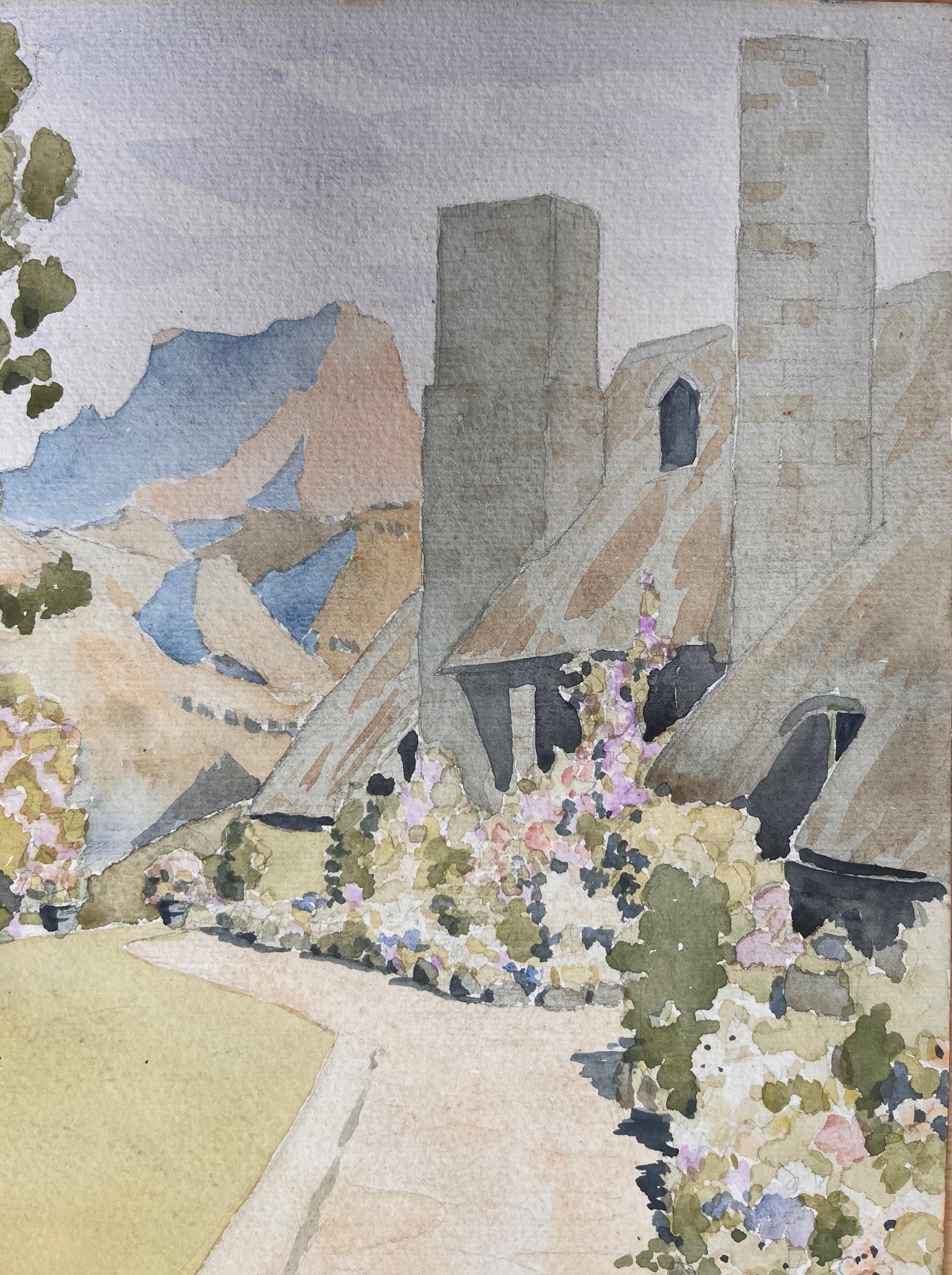 Finely Detailed British Watercolor Topographical of The Hotel in Hakaial Park - Gray Landscape Painting by Ian G. Walker