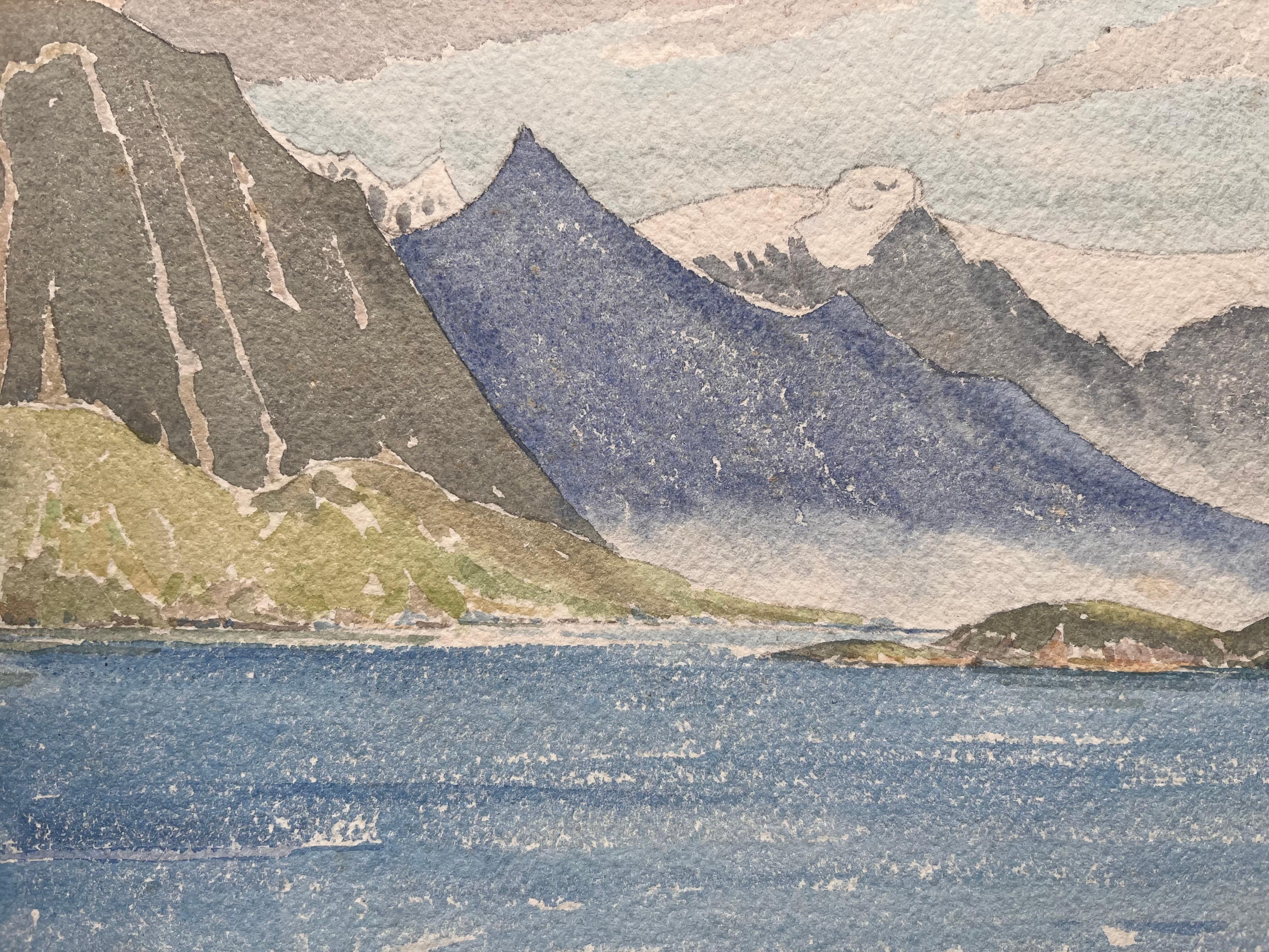 Topografía en acuarela británica finamente detallada del glaciar Svartisen - Landscape Painting Gris de Ian G. Walker