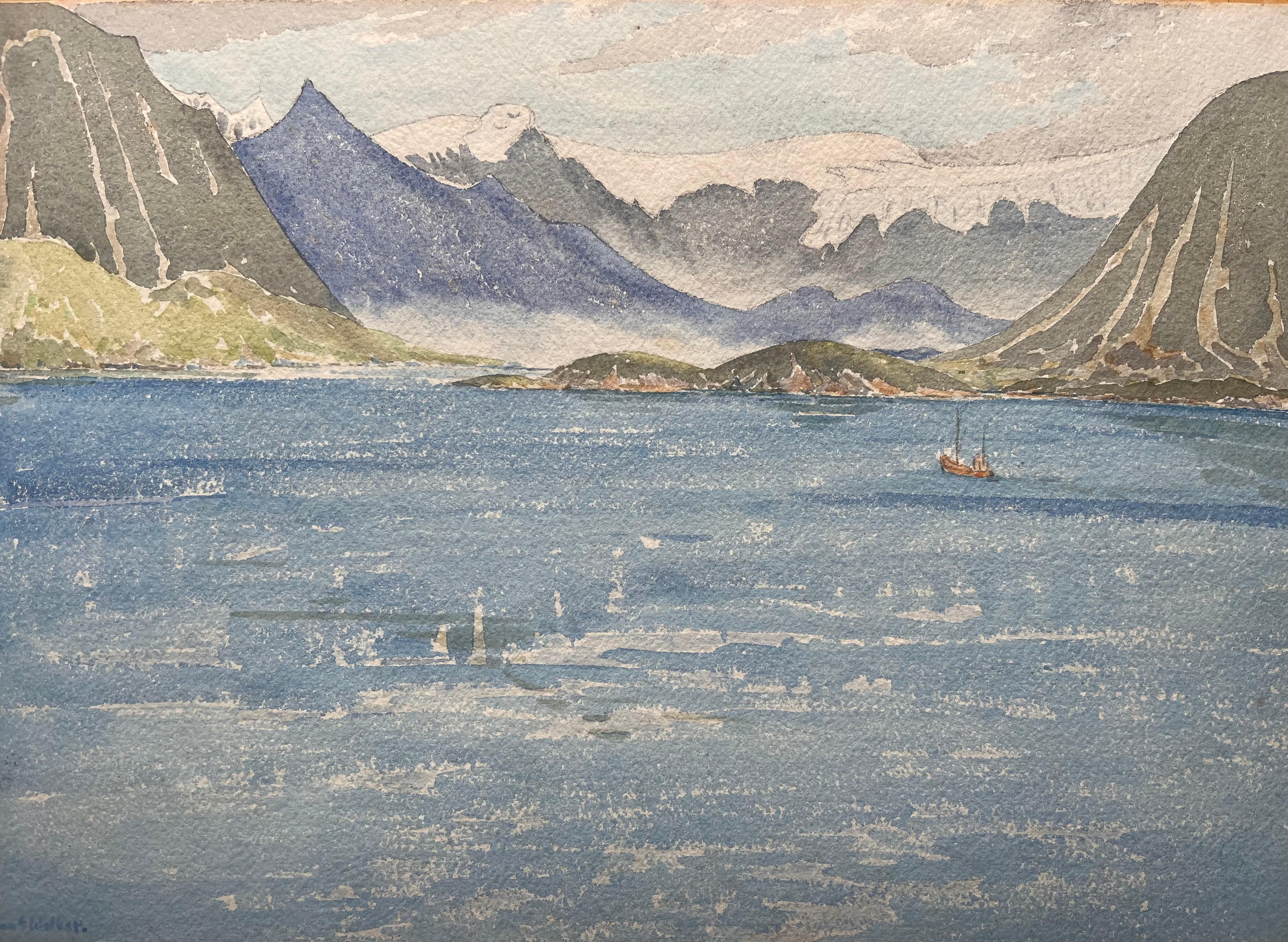 Landscape Painting de Ian G. Walker - Topografía en acuarela británica finamente detallada del glaciar Svartisen