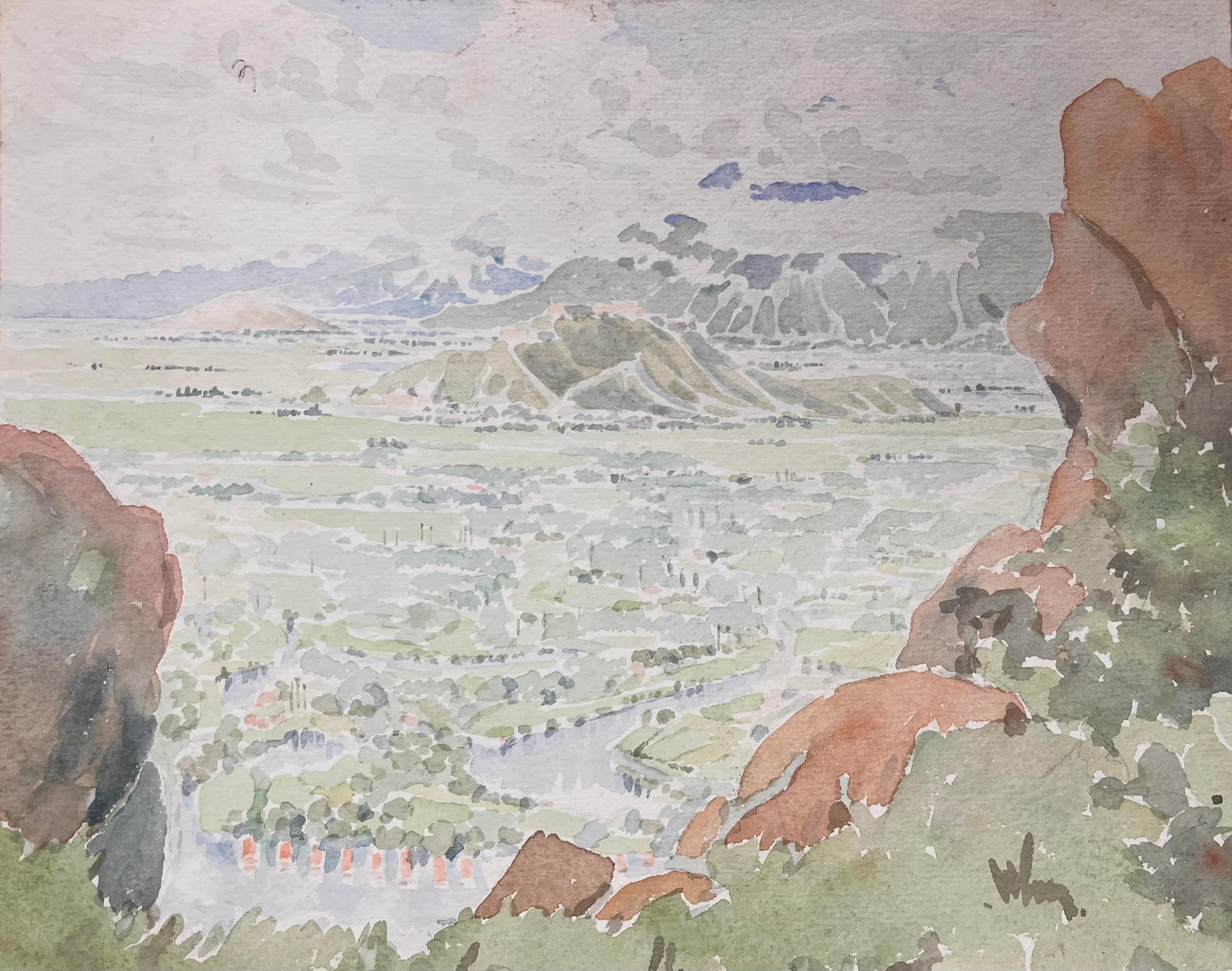 Landscape Art di Ian G. Walker - Veduta topografica acquerellata britannica finemente dettagliata dal tempio di Shankaracharya
