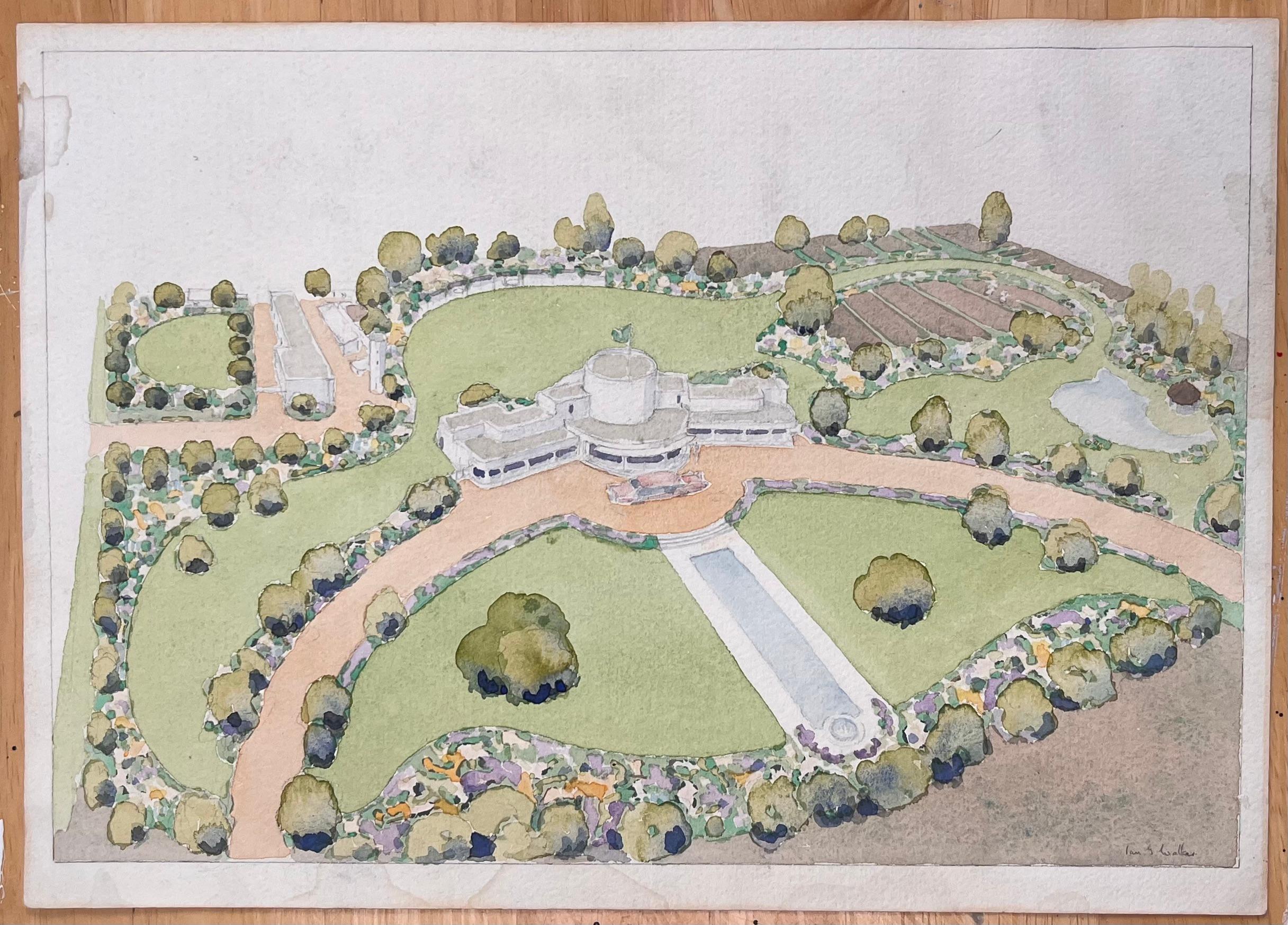 Fein detaillierte Aquarelltopografie des Designs für den Gouverneur von Pakistan – Art von Ian G. Walker