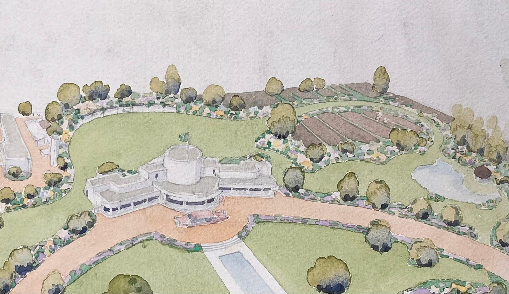 Medium: Aquarell auf Papier, ungerahmt
Größe: 10 Zoll (Höhe) x 14 Zoll (Breite)
Unterschrieben: Ja
Zustand: Guter Zustand, mit leichten Stockflecken
Provenienz: Privatsammlung

Beschreibung:
Dieses Aquarell von Ian G. Walker zeigt einen