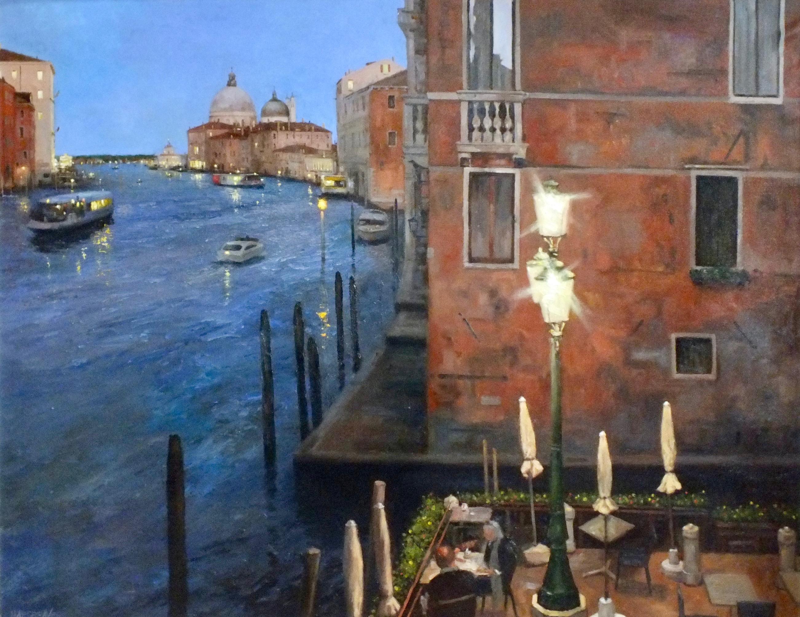 Ian Hargreaves Landscape Painting - Dining on the Grand Canal - Venetian architecture original impression waterscape