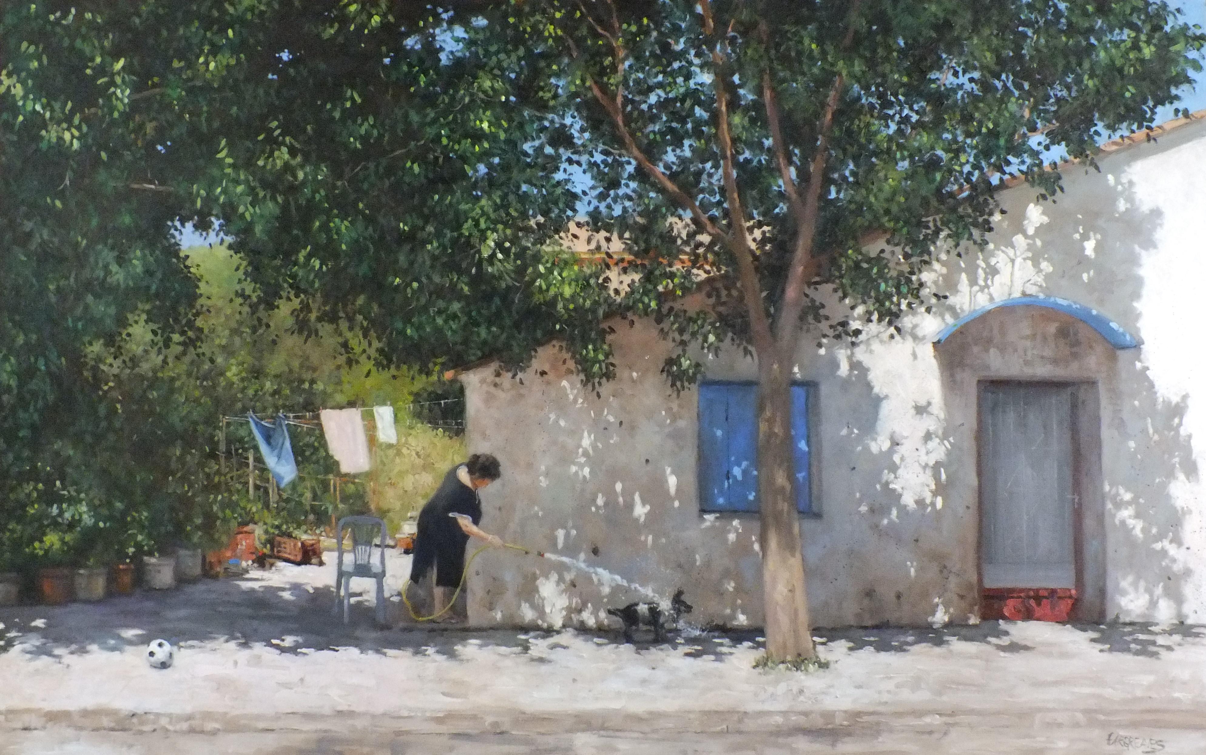  La vapeur à chaud grecque - peinture à l'huile originale de paysage de vacances - art à l'huile grec - Painting de Ian Hargreaves