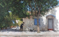  La vapeur à chaud grecque - peinture à l'huile originale de paysage de vacances - art à l'huile grec