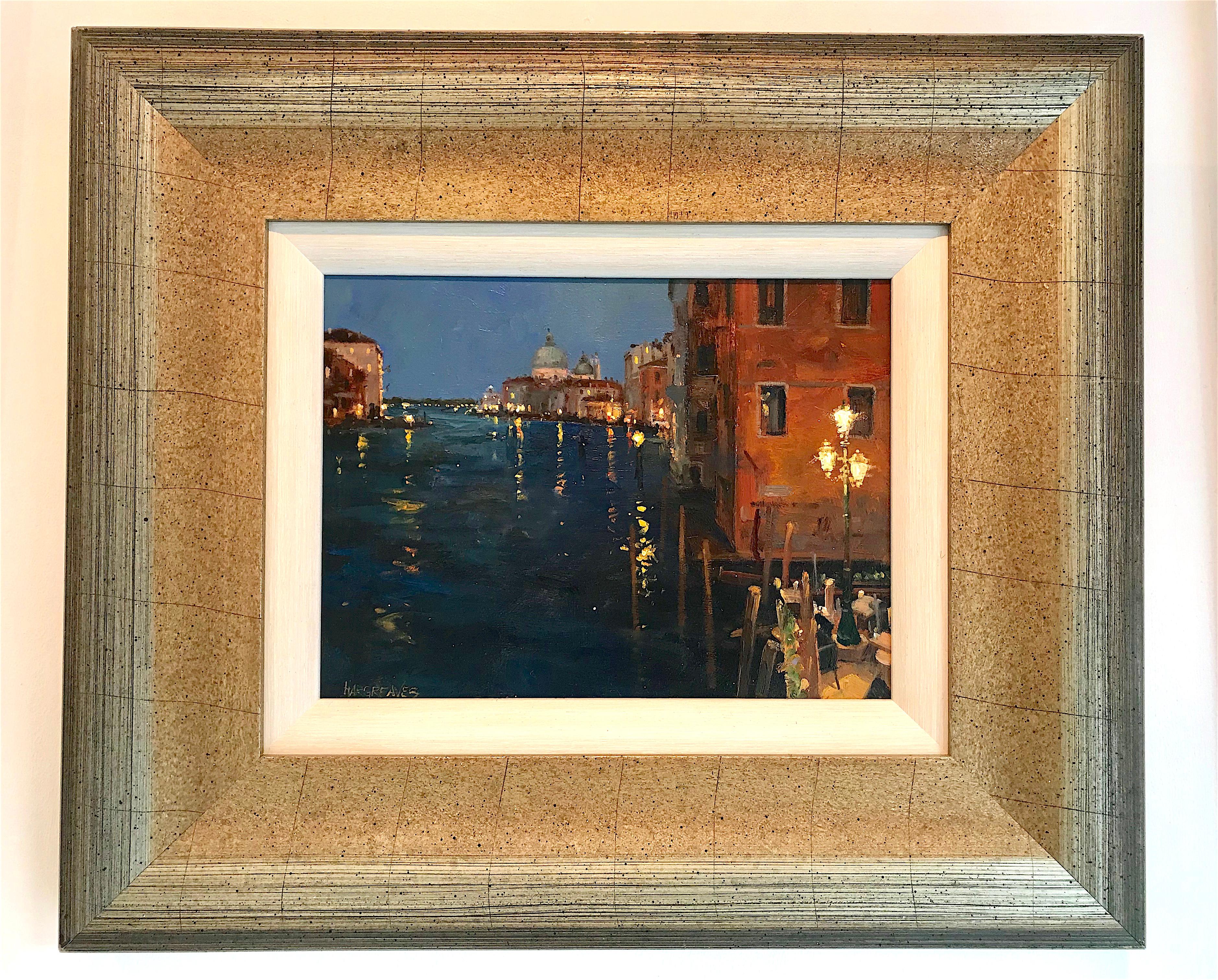 Night reflections Venice original landscape painting - Painting by Ian Hargreaves