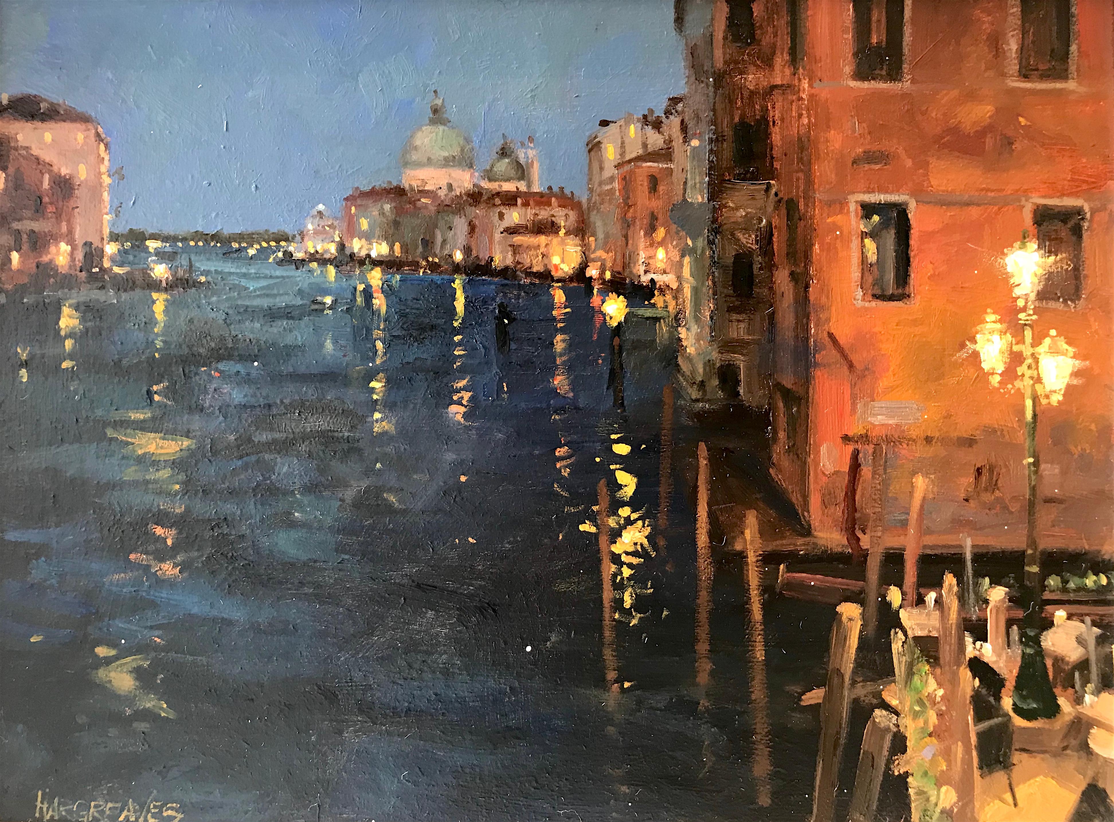 Ian Hargreaves Landscape Painting - Night reflections Venice original landscape painting