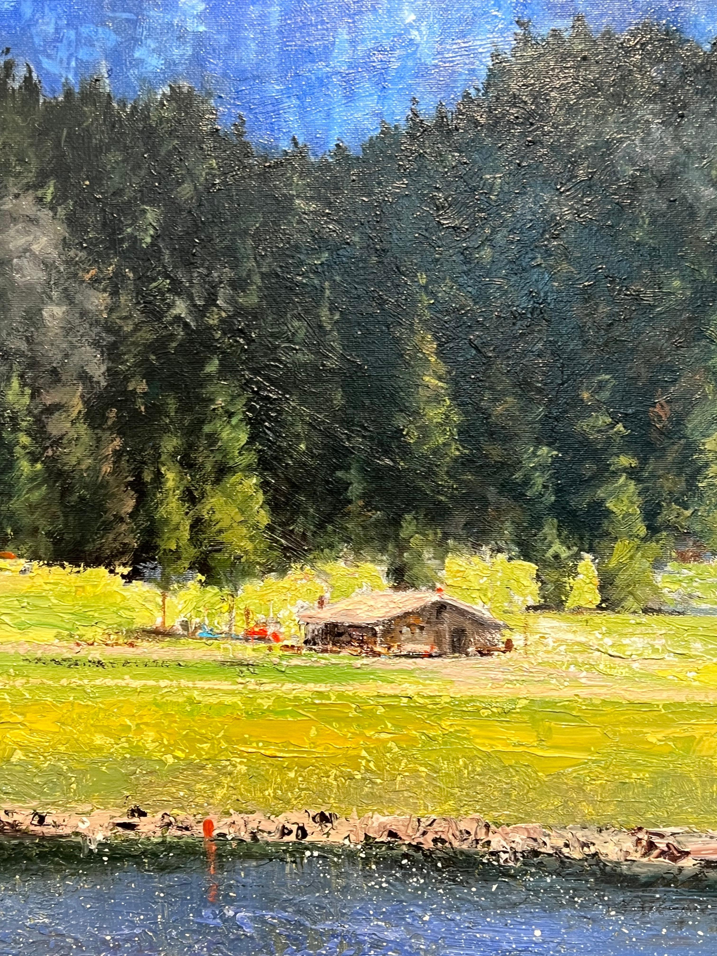 Promise of Spring -original impressionist seascape oil painting-modern Art - Beige Landscape Painting by Ian Hargreaves