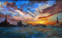 Sun Sinks behind the venice Original city  landscape painting