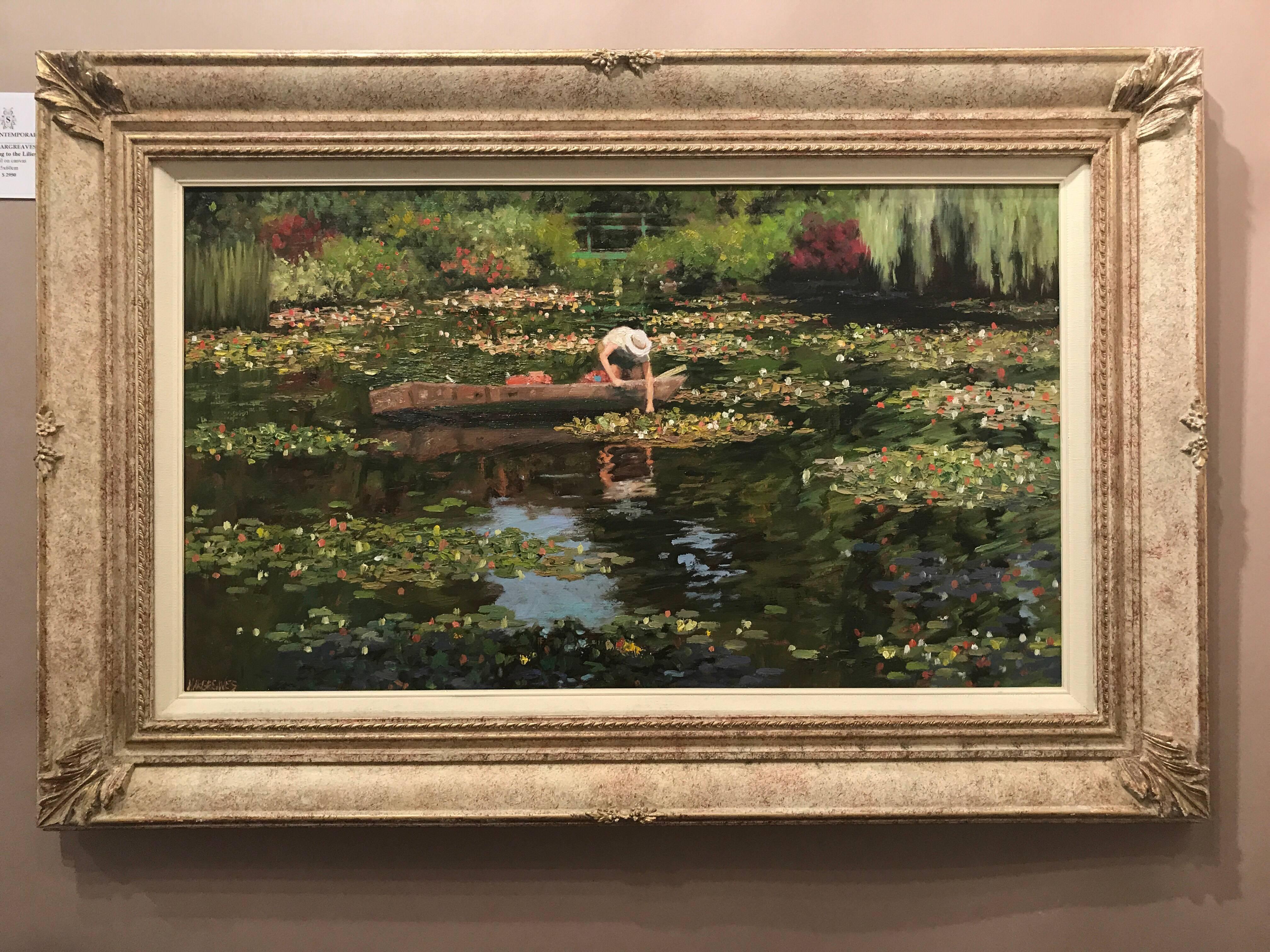 Tending to the lilies  original oil landscape painting - Painting by Ian Hargreaves