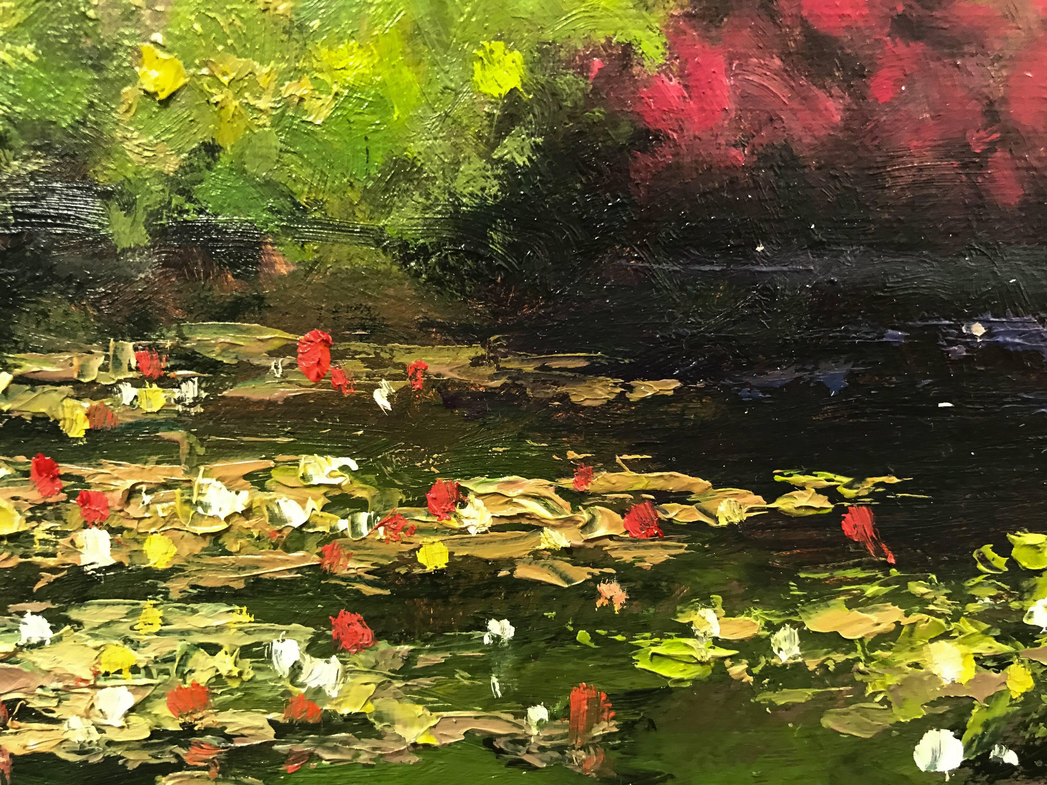 Tending to the lilies  original oil landscape painting - Abstract Impressionist Painting by Ian Hargreaves