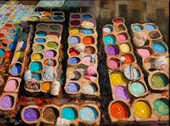 Vats of Dye in Fez: Modern Landscape Oil on Canvas, Signed, 45x35cm