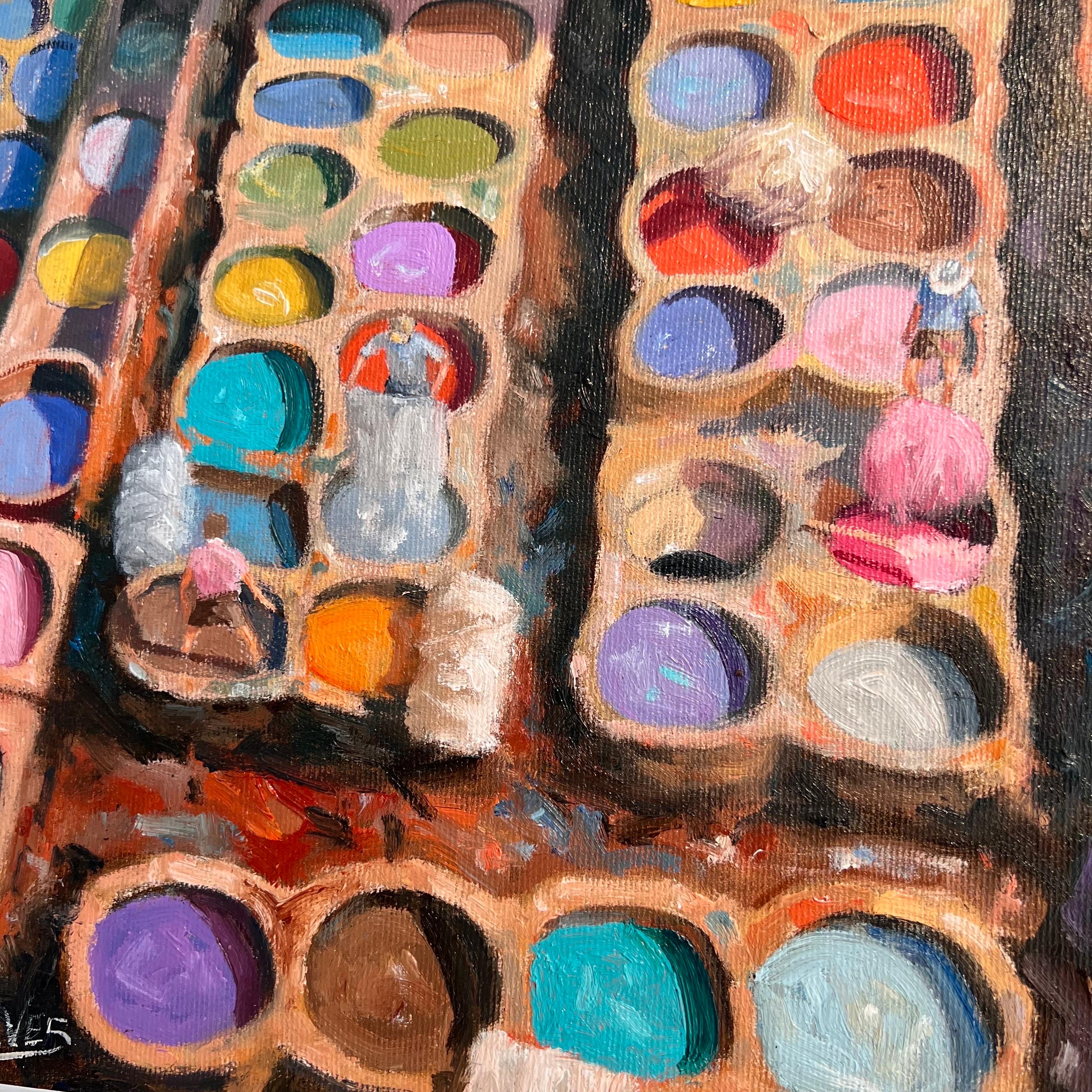 Vats of Dye in the City of Fez – Ölgemälde, moderne figurative Studie, Landschaftsmalerei (Braun), Landscape Painting, von Ian Hargreaves