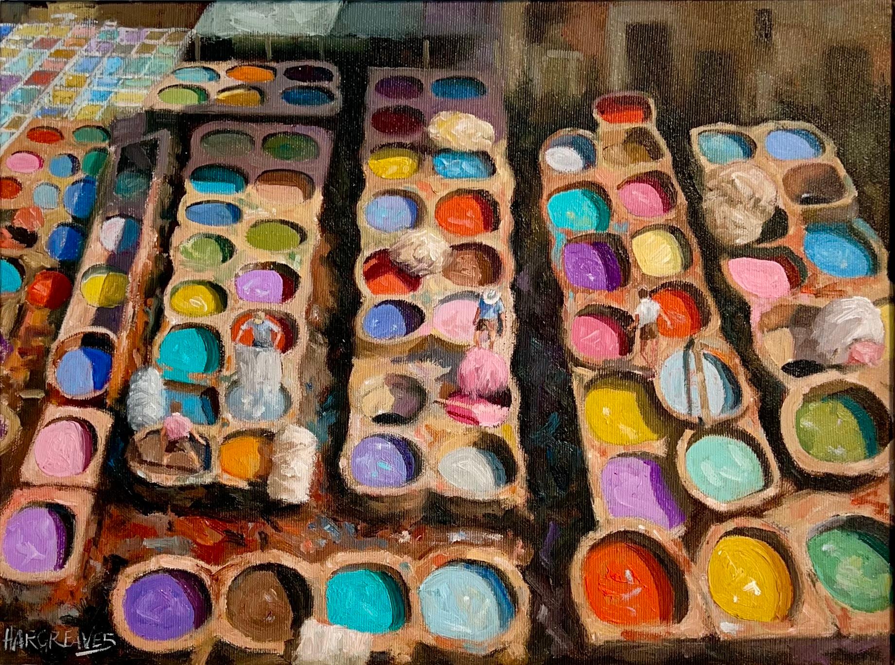 Ian Hargreaves Landscape Painting – Vats of Dye in the City of Fez - oil painting modern landscape figurative study