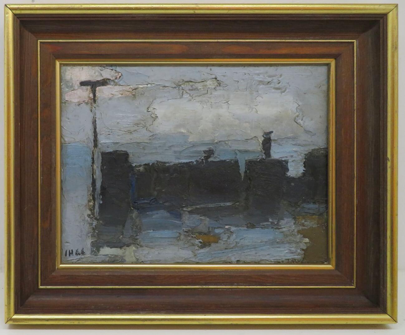 Landscape Painting Ian Hay - Peinture à l'huile post-impressionniste anglaise des années 1970, signée BEACH SCENE ESSEX