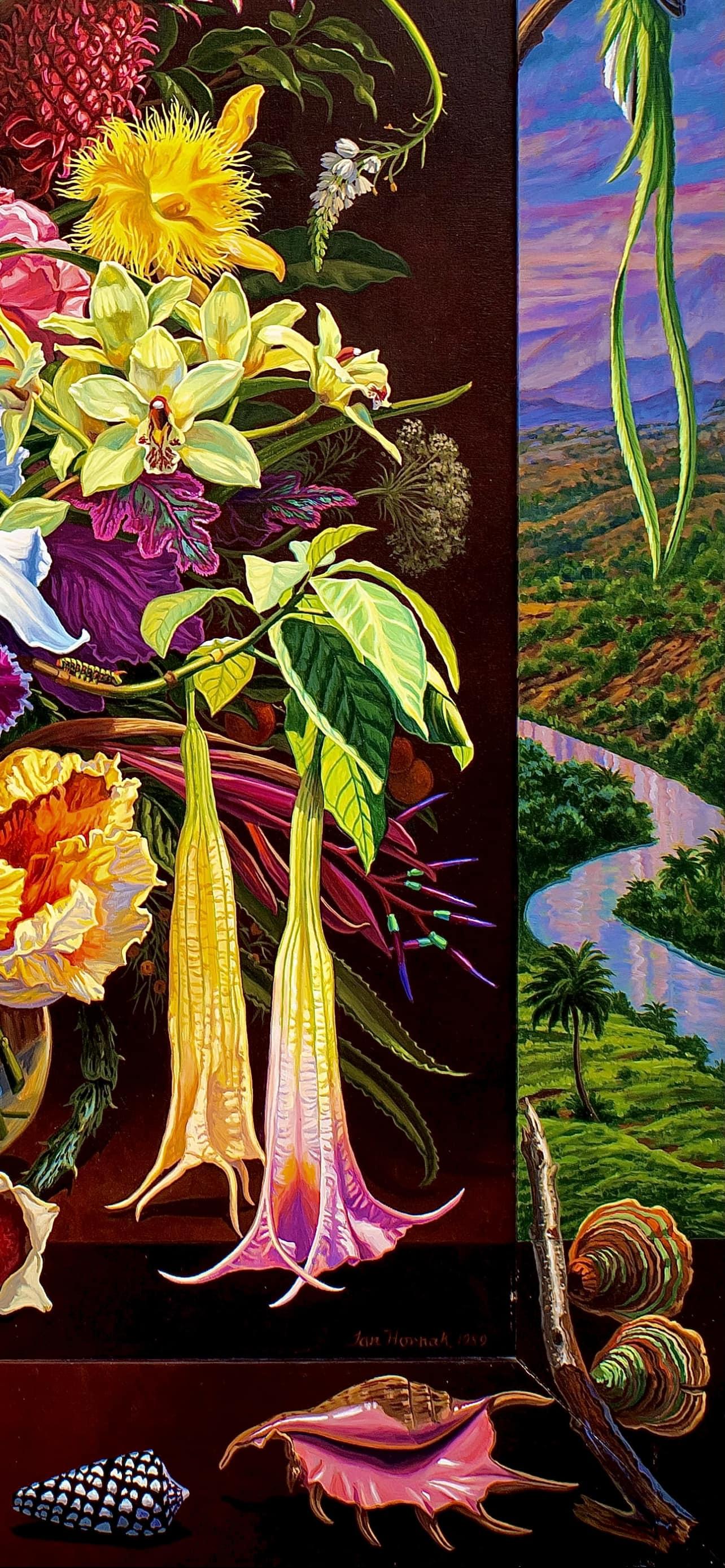 Artist: Ian Hornak (1944-2002)
Title: Bouquet of Tropical Flowers and Foliage
Year: 1989
Medium: Acrylic on Panel, with Artist Painted Frame
Size: 58.5 x 48.5 inches
Condition: Excellent
Inscription: Signed, dated, and titled by the