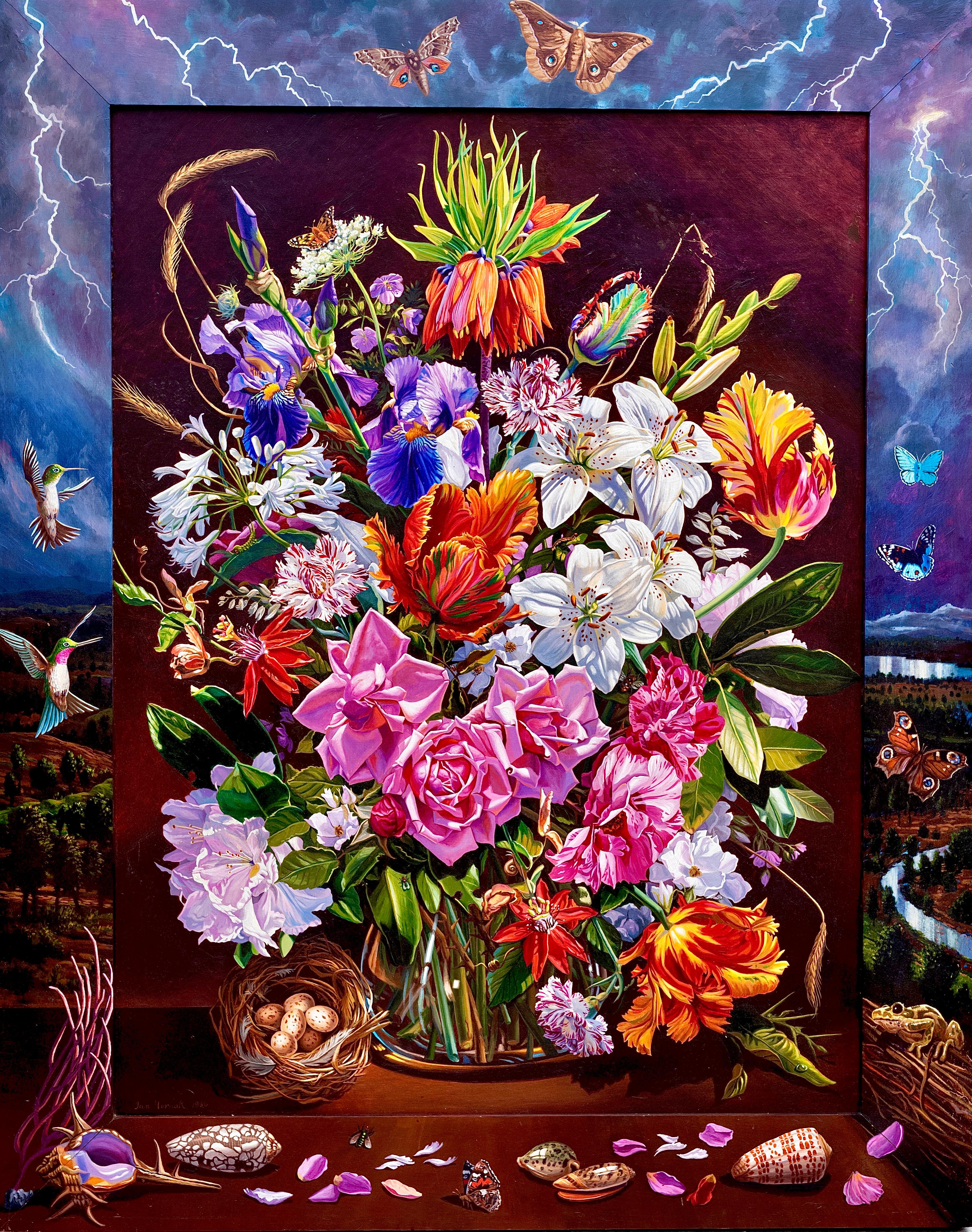 Ian Hornak Still-Life Painting - “Flower Piece with Storm, ” Photorealism & Hyperrealism